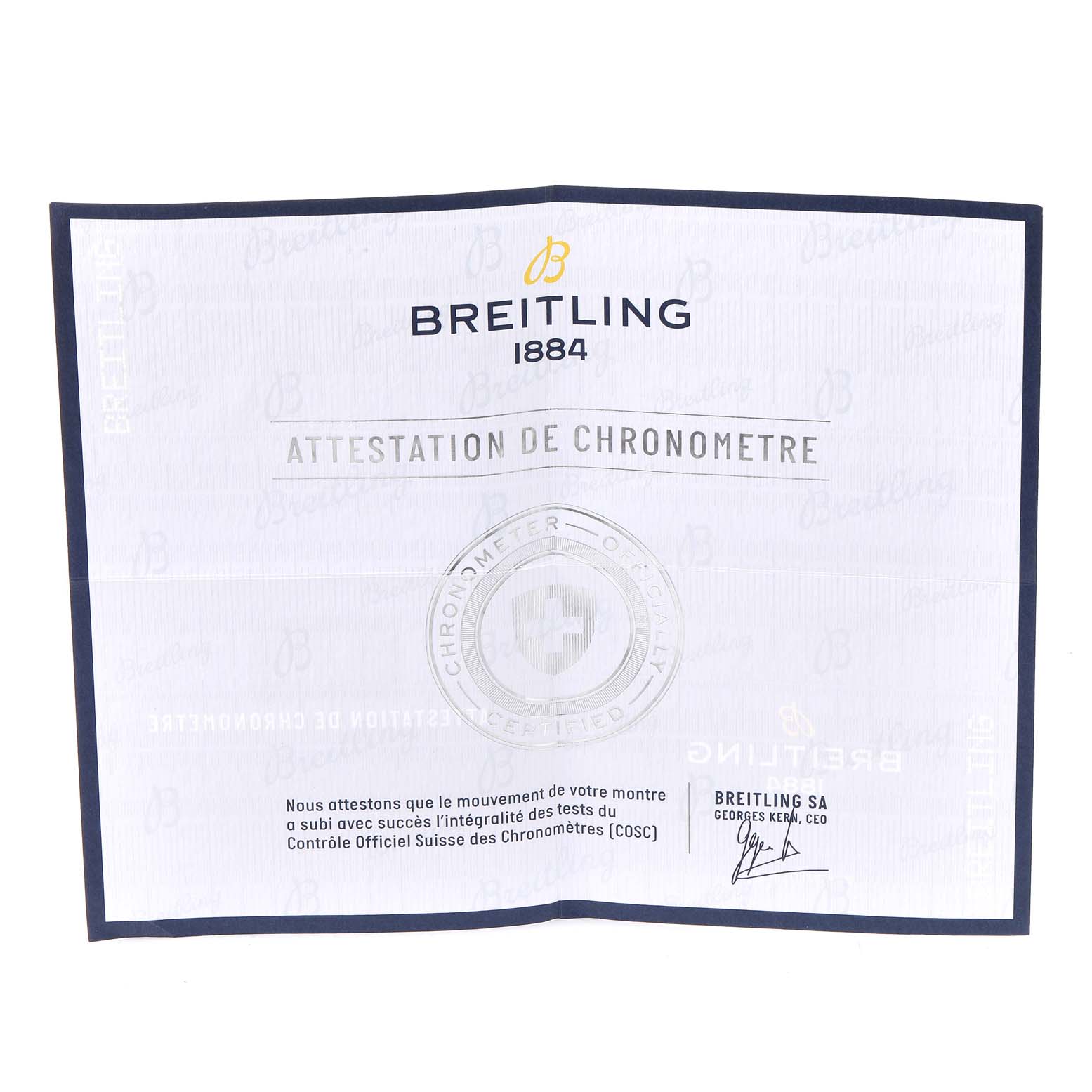 This image shows the official chronometer certification for the Breitling Avenger A17318 Men's Stainless Steel Black Dial A17318 Men's Stainless Steel Black Dial model, including text and logos.
