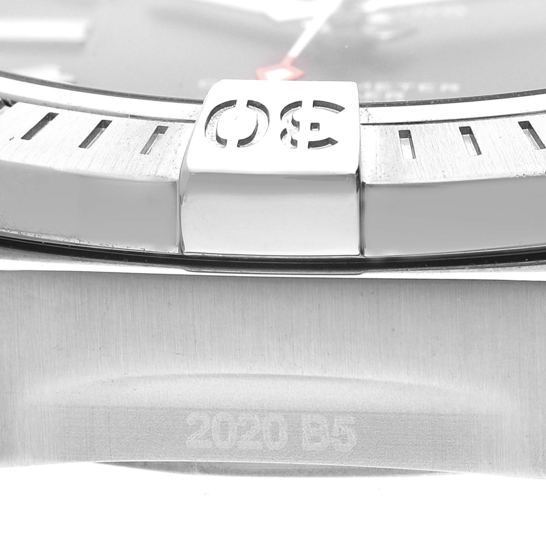 The image shows a close-up of the bezel and crown guard of a Breitling Avenger A17318 Men's Stainless Steel Black Dial A17318 Men's Stainless Steel Black Dial watch, highlighting the details and engraving.
