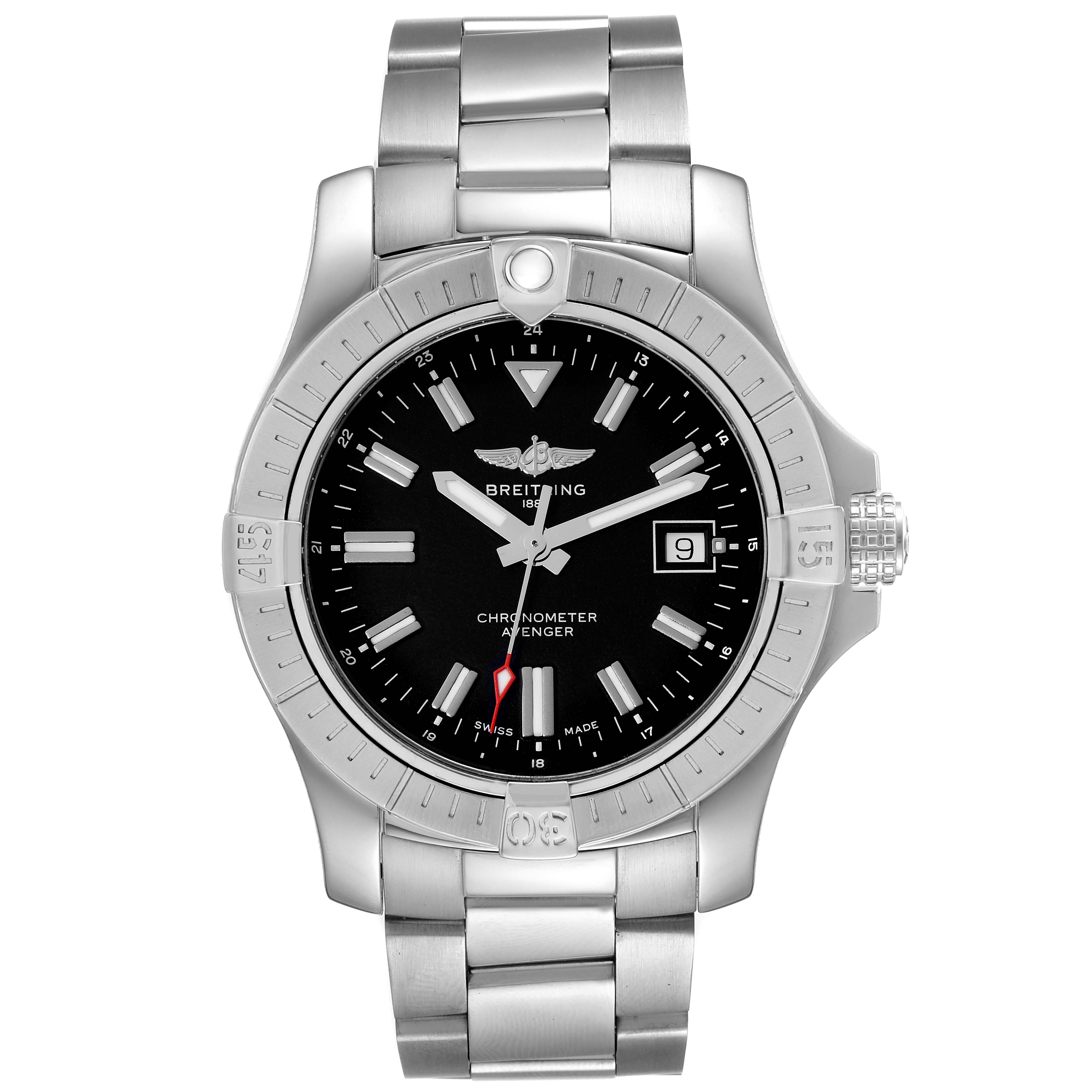 The image shows a front view of the Breitling Avenger A17318 Men's Stainless Steel Black Dial A17318 Men's Stainless Steel Black Dial watch, highlighting its face, bezel, bracelet, and crown.