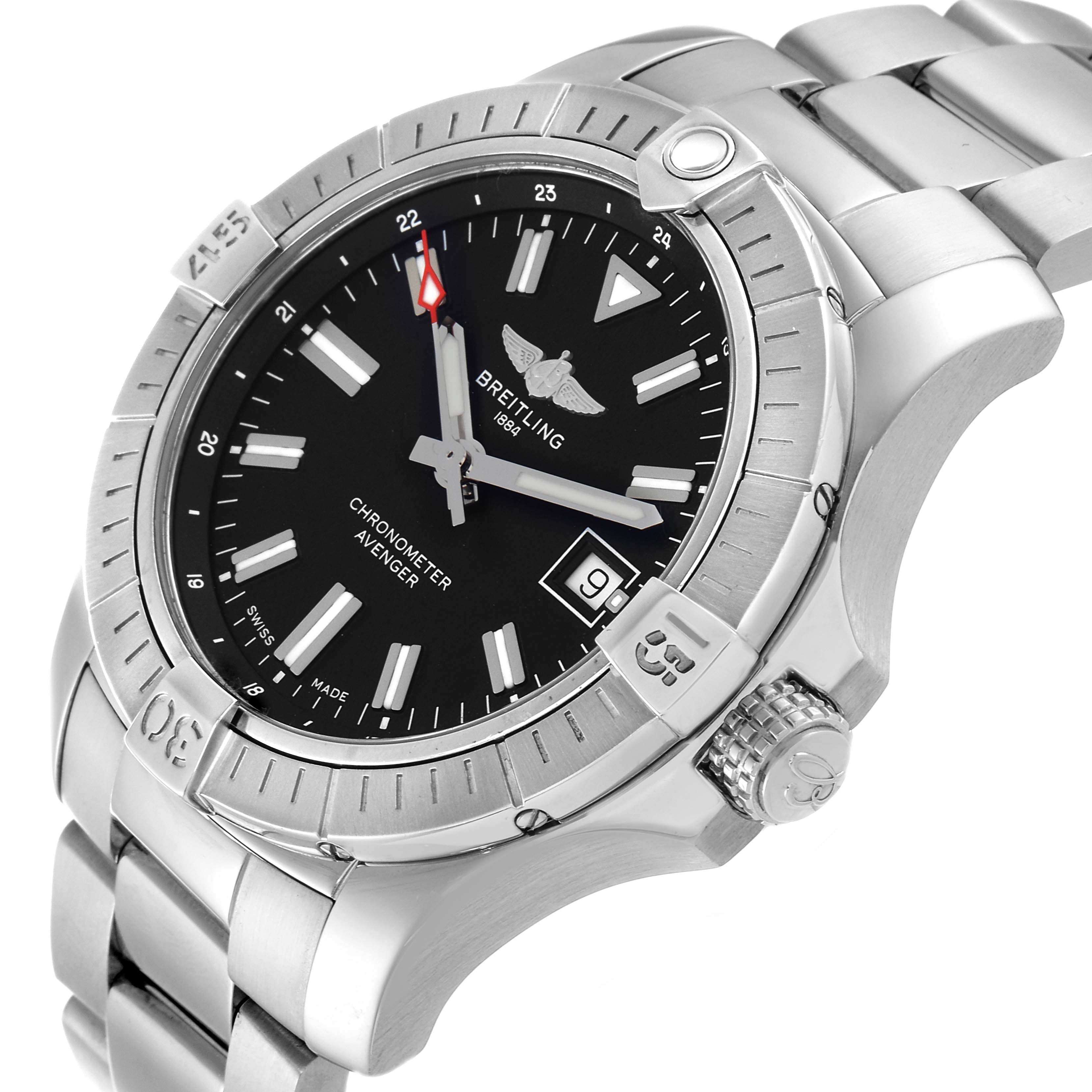 The Breitling Avenger A17318 Men's Stainless Steel Black Dial A17318 Men's Stainless Steel Black Dial watch is shown from an oblique angle highlighting the dial, bezel, crown, and bracelet.