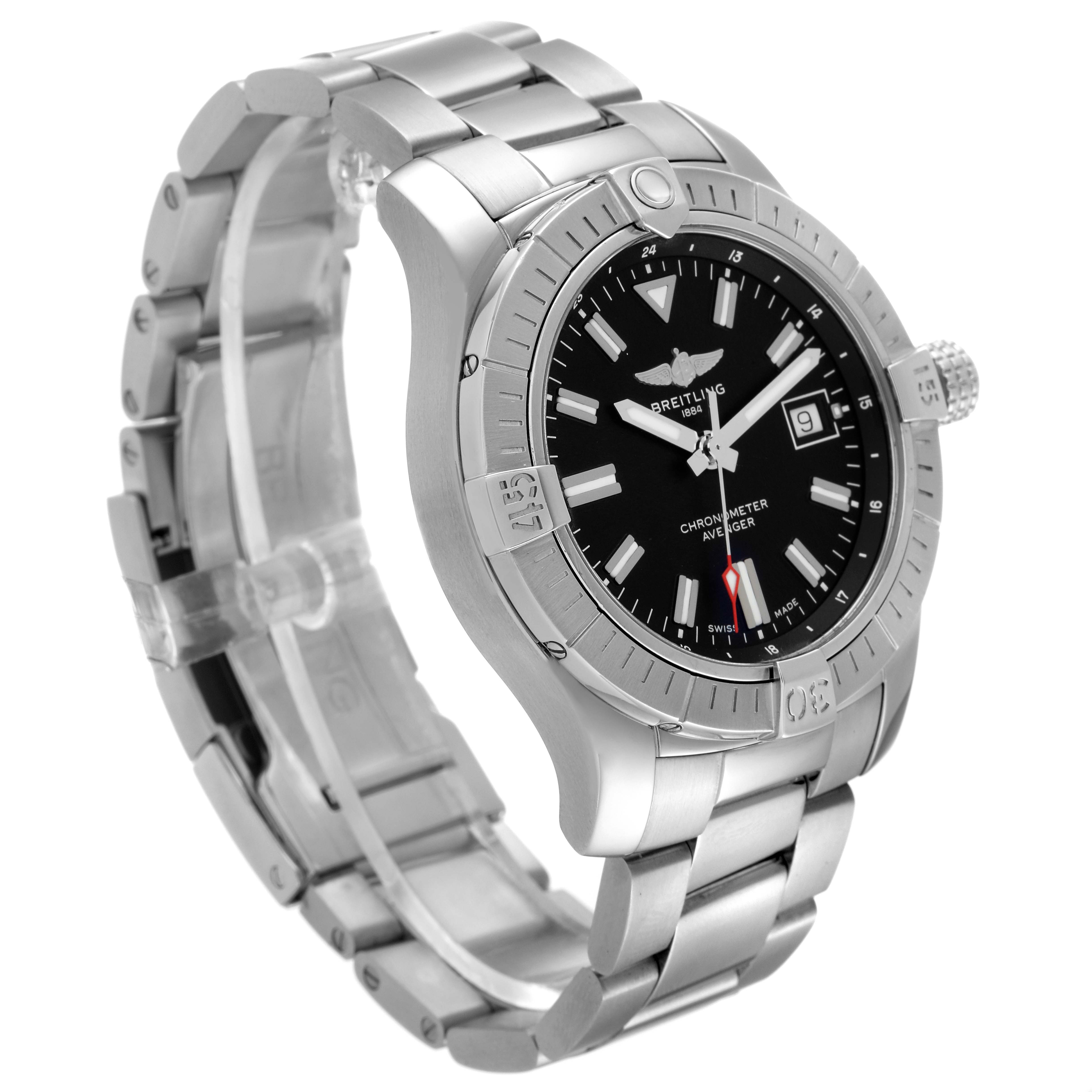 The image shows a side angle view of a Breitling Avenger A17318 Men's Stainless Steel Black Dial A17318 Men's Stainless Steel Black Dial watch, highlighting the bracelet, watch face, and bezel.
