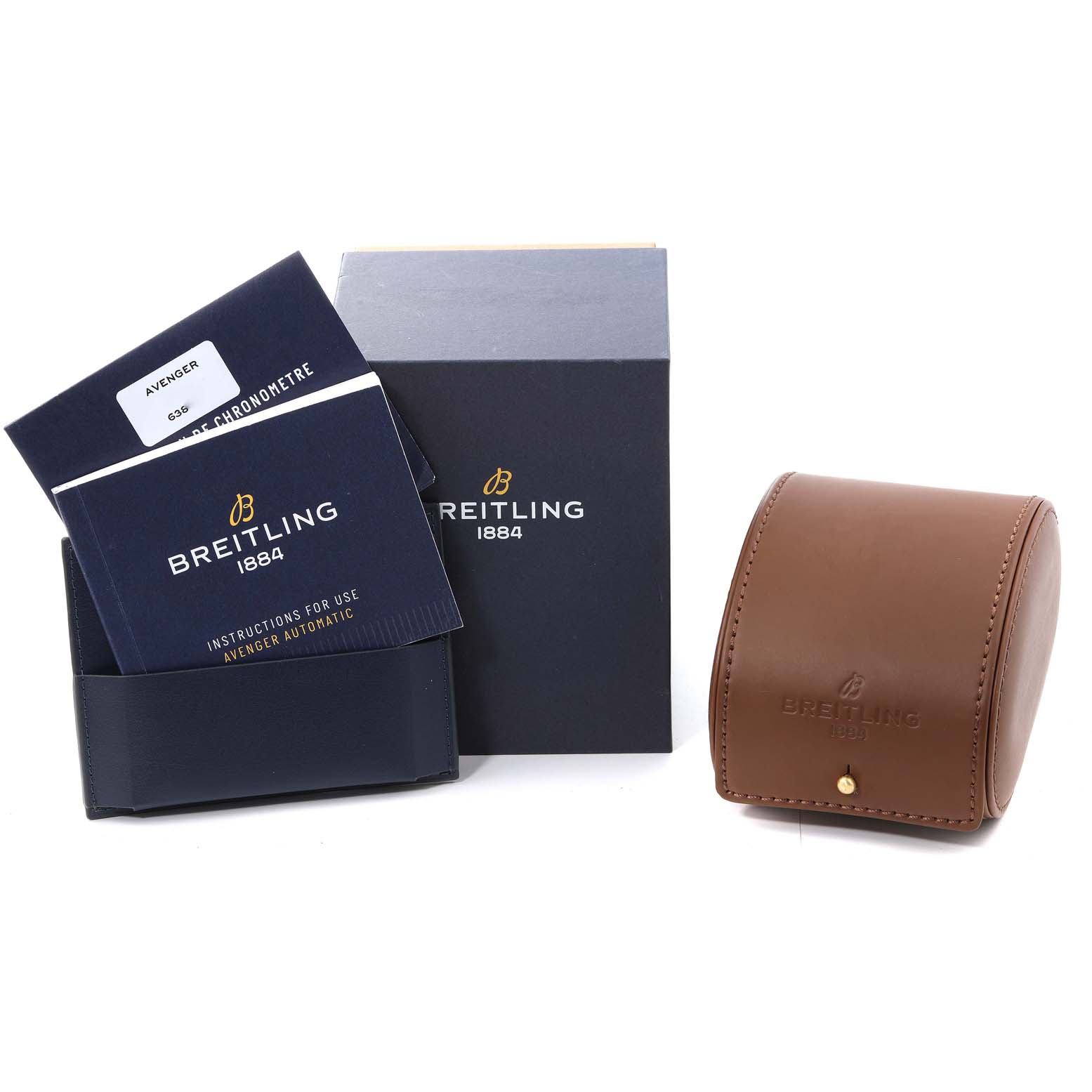 The image shows the packaging, instruction manuals, and a leather travel case for a Breitling Avenger A17318 Men's Stainless Steel Black Dial A17318 Men's Stainless Steel Black Dial watch.