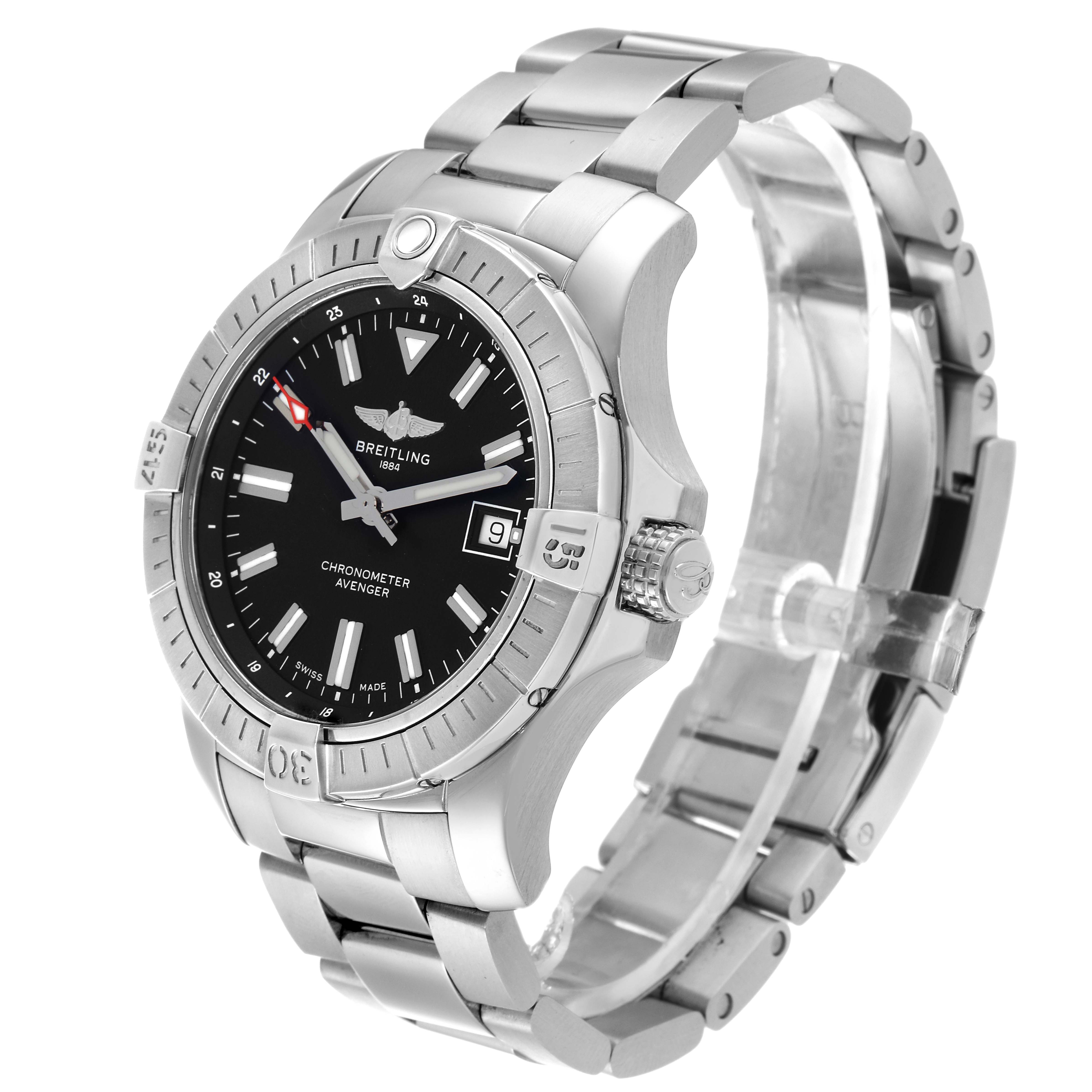 The Breitling Avenger A17318 Men's Stainless Steel Black Dial A17318 Men's Stainless Steel Black Dial watch is shown at a three-quarter angle, highlighting the face, bracelet, and bezel.