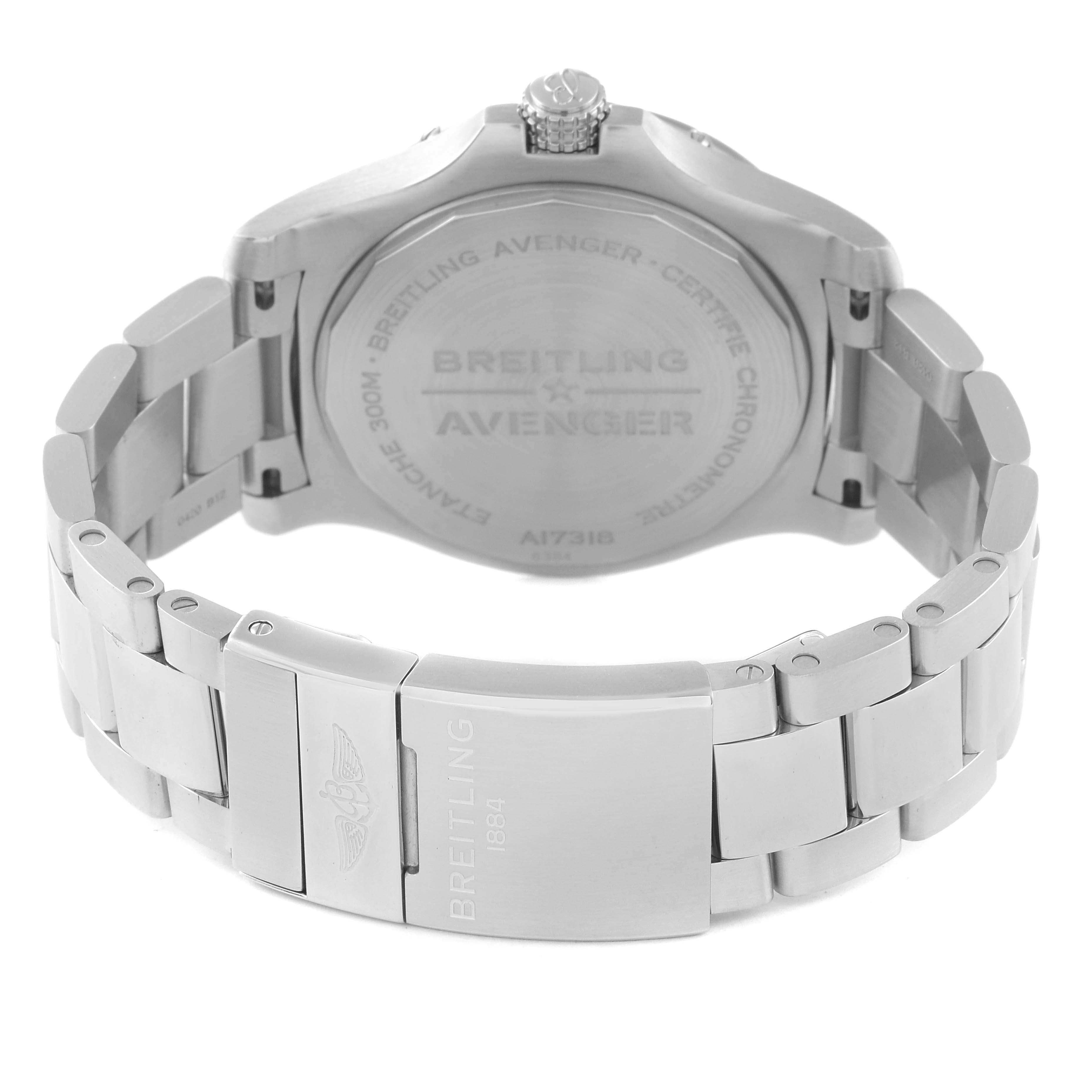 The image shows the back case and bracelet of a Breitling Avenger A17318 Men's Stainless Steel Black Dial A17318 Men's Stainless Steel Black Dial watch, with focus on the clasp and engravings.