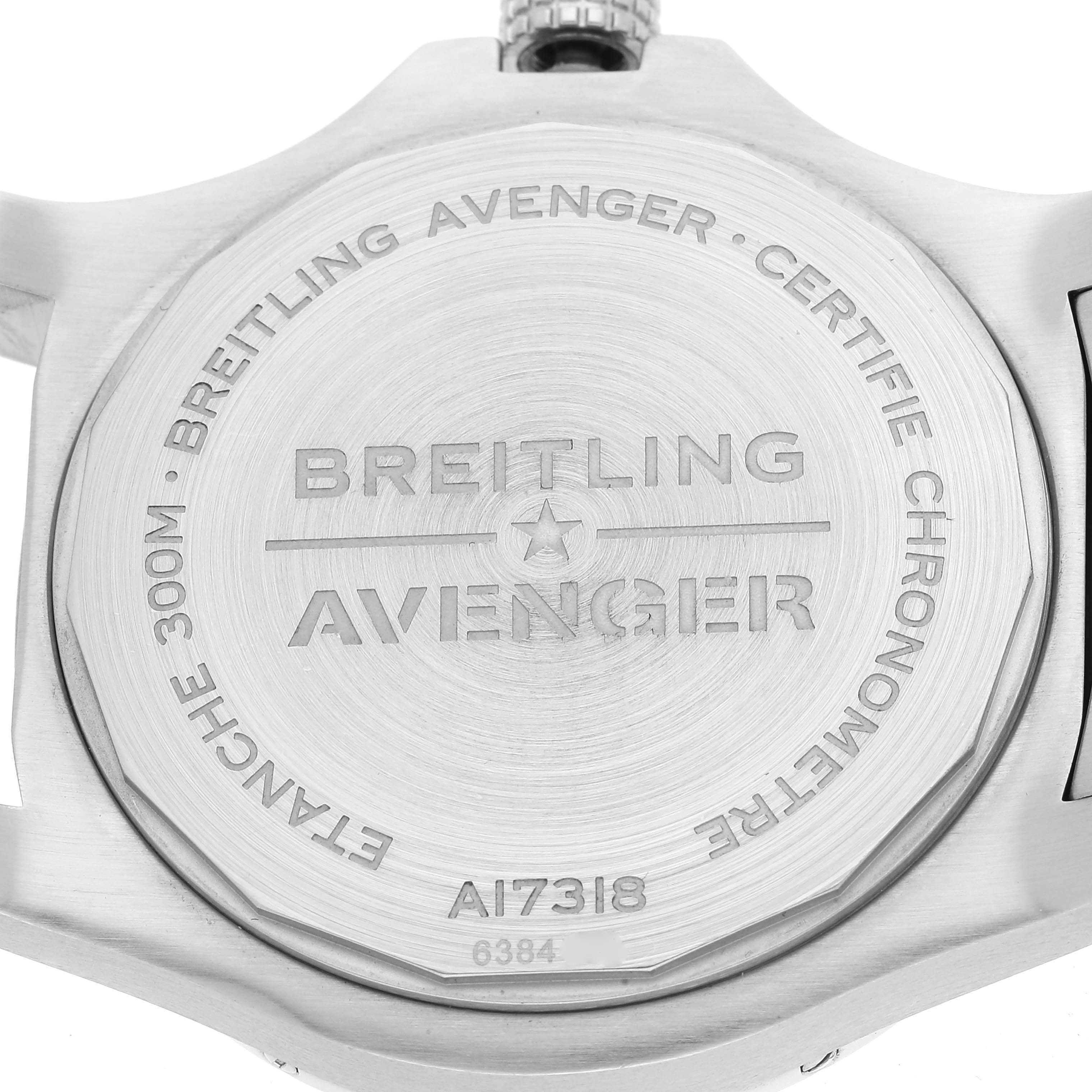 The image shows the backside of a Breitling Avenger A17318 Men's Stainless Steel Black Dial A17318 Men's Stainless Steel Black Dial watch, highlighting the model number and branding.