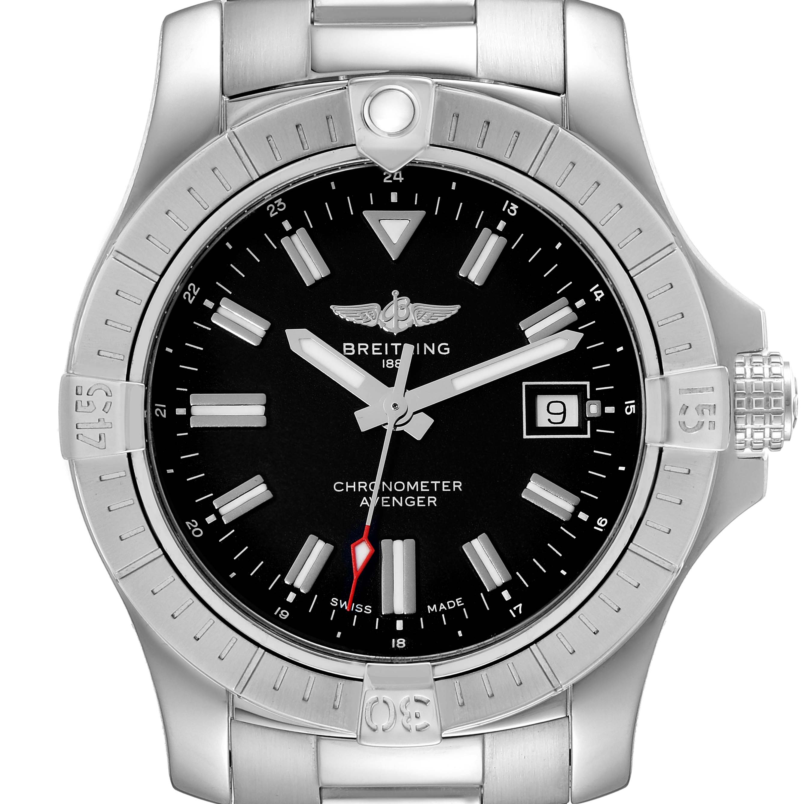 The image shows a front view of the Breitling Avenger A17318 Men's Stainless Steel Black Dial A17318 Men's Stainless Steel Black Dial watch, highlighting its bezel, dial, hour markers, hands, date window, and part of the bracelet.