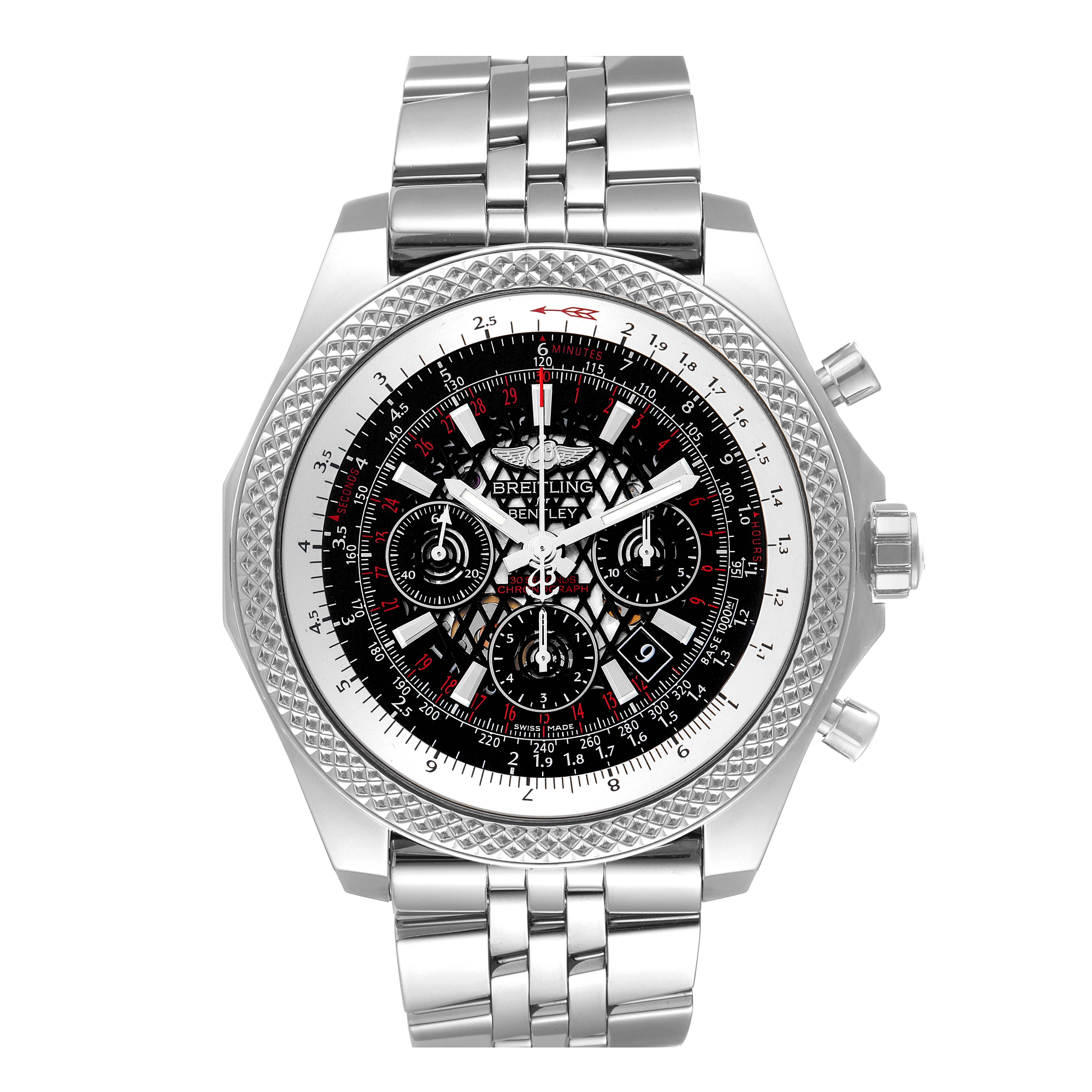 This image shows a front view of the Breitling Bentley AB061112/BC42 Men's Stainless Steel Black Dial AB061112/BC42 Men's Stainless Steel Black Dial watch, highlighting its detailed dial, silver bezel, and metal bracelet.