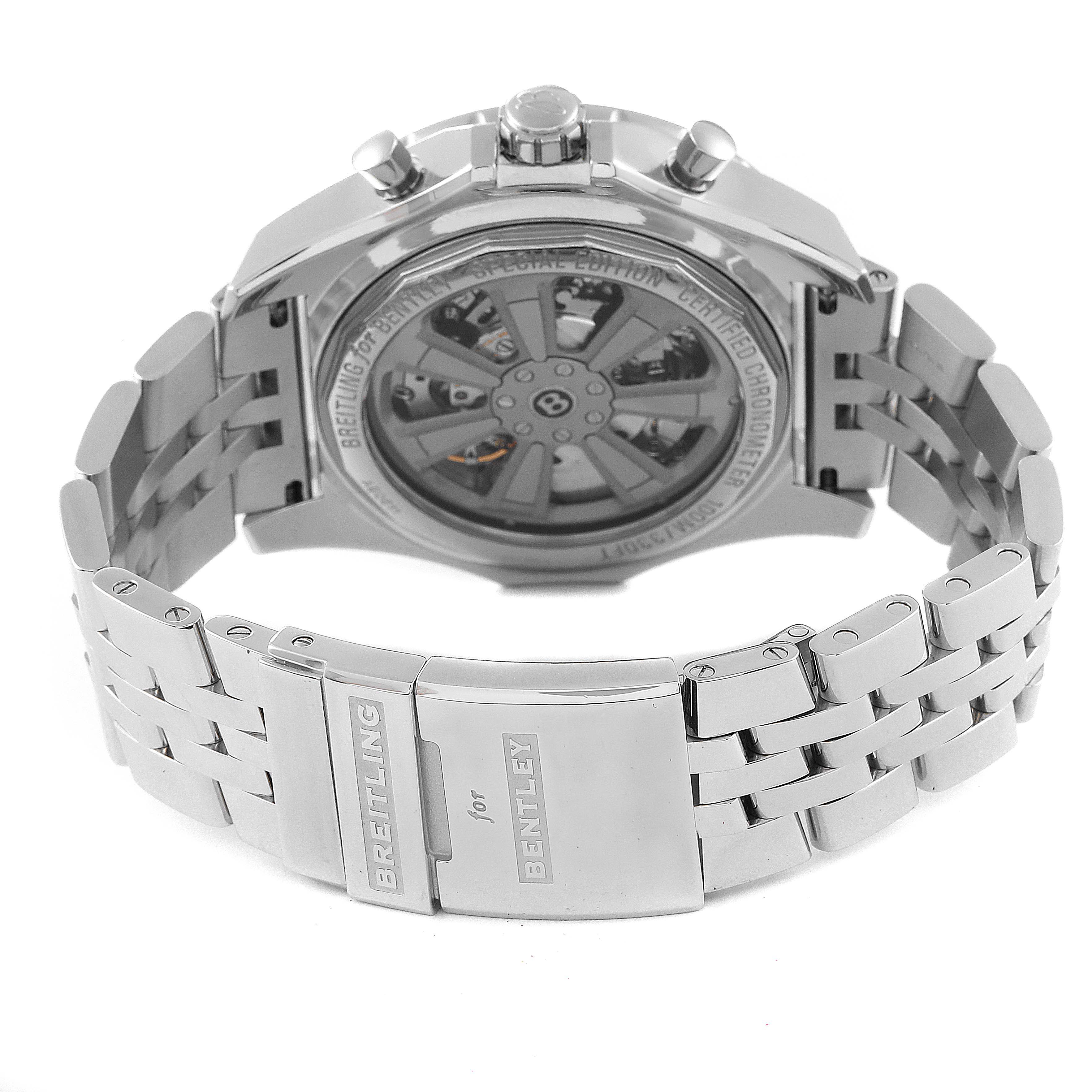 The image shows the back view of a Breitling Bentley AB061112/BC42 Men's Stainless Steel Black Dial AB061112/BC42 Men's Stainless Steel Black Dial model watch, featuring its deployment clasp and detailed case back.