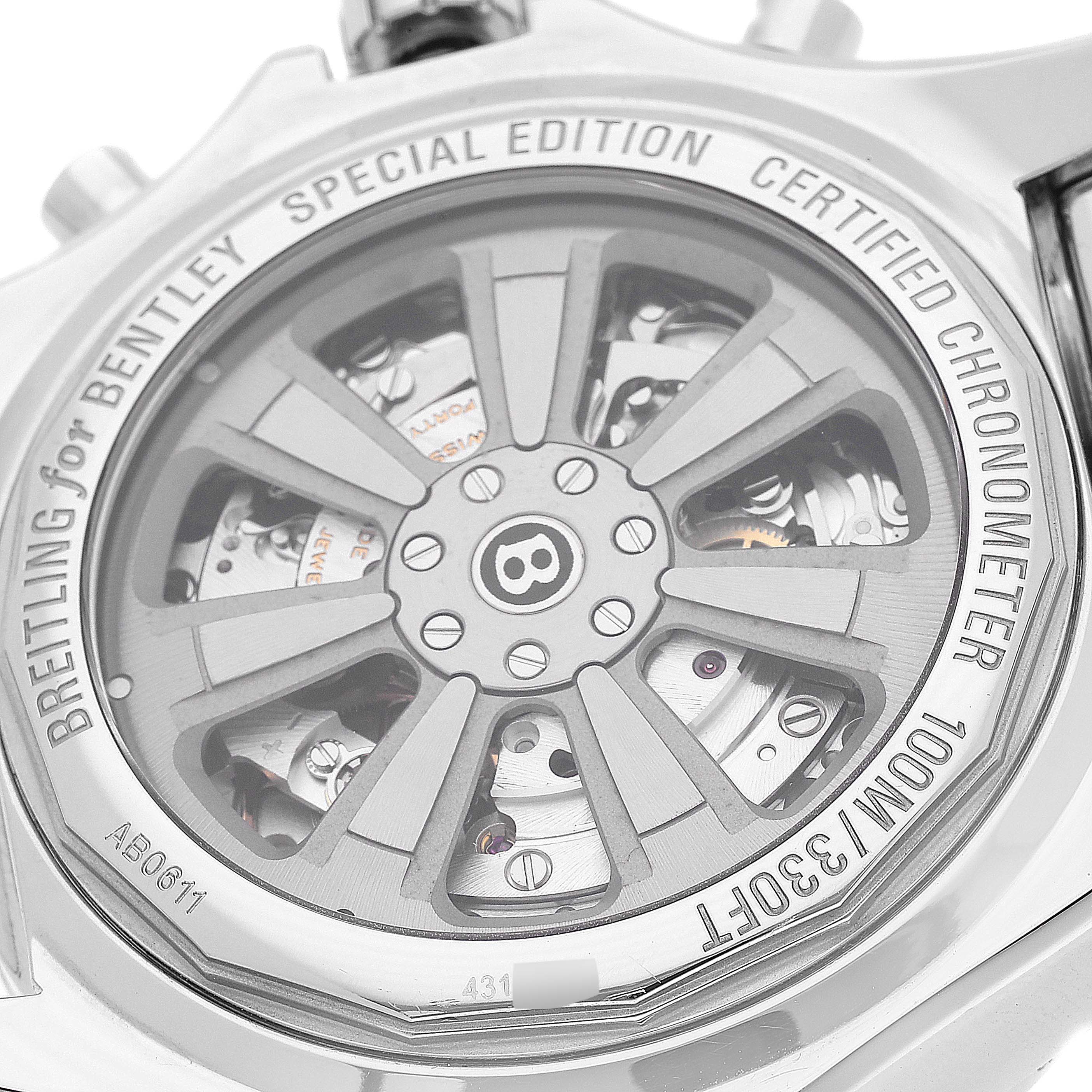 The image shows a close-up of the back case of the Breitling Bentley AB061112/BC42 Men's Stainless Steel Black Dial AB061112/BC42 Men's Stainless Steel Black Dial watch, highlighting its internal mechanics and special edition engravings.