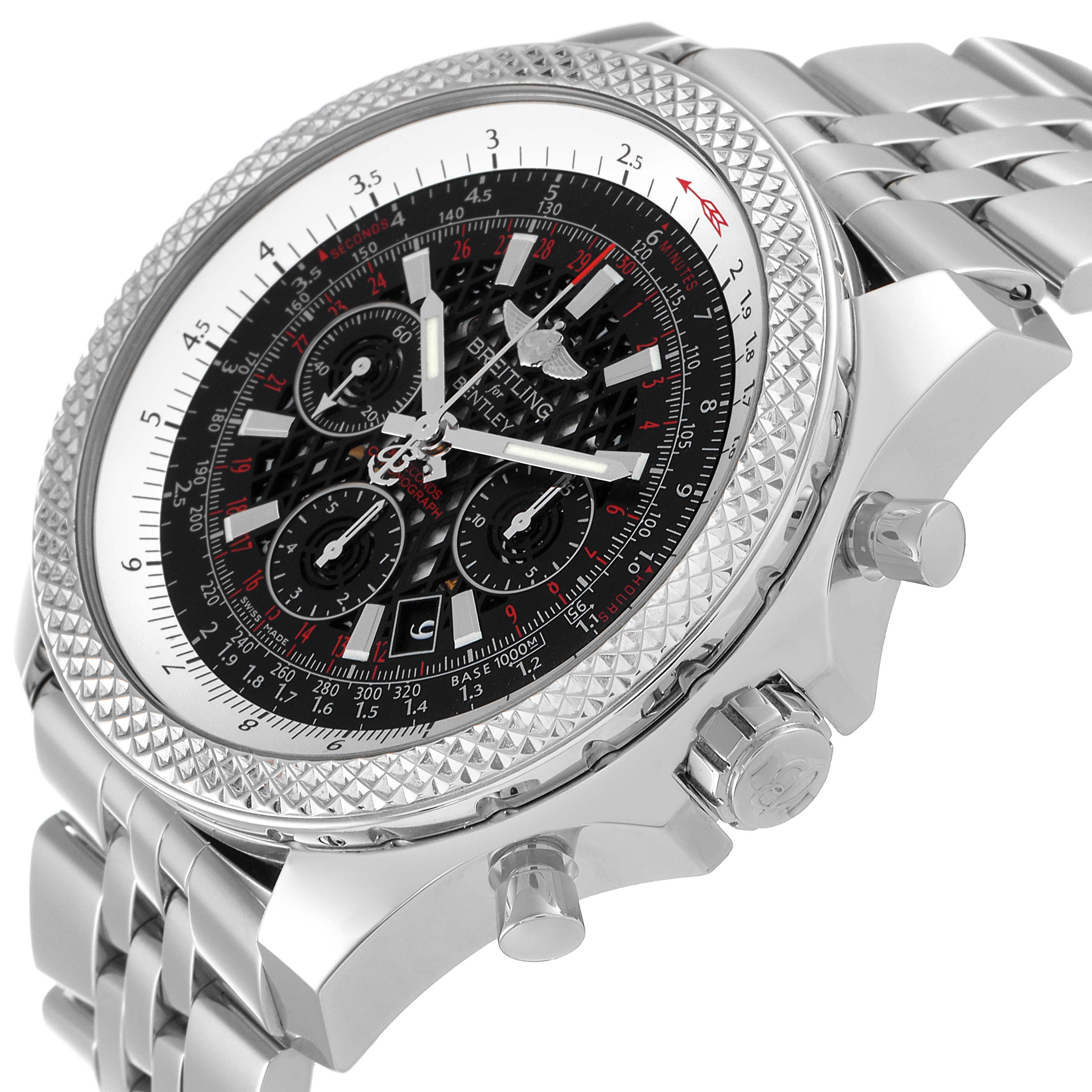 The image shows a side and partial front view of a Breitling Bentley AB061112/BC42 Men's Stainless Steel Black Dial AB061112/BC42 Men's Stainless Steel Black Dial watch, highlighting its bezel, dial, chronograph subdials, and bracelet.