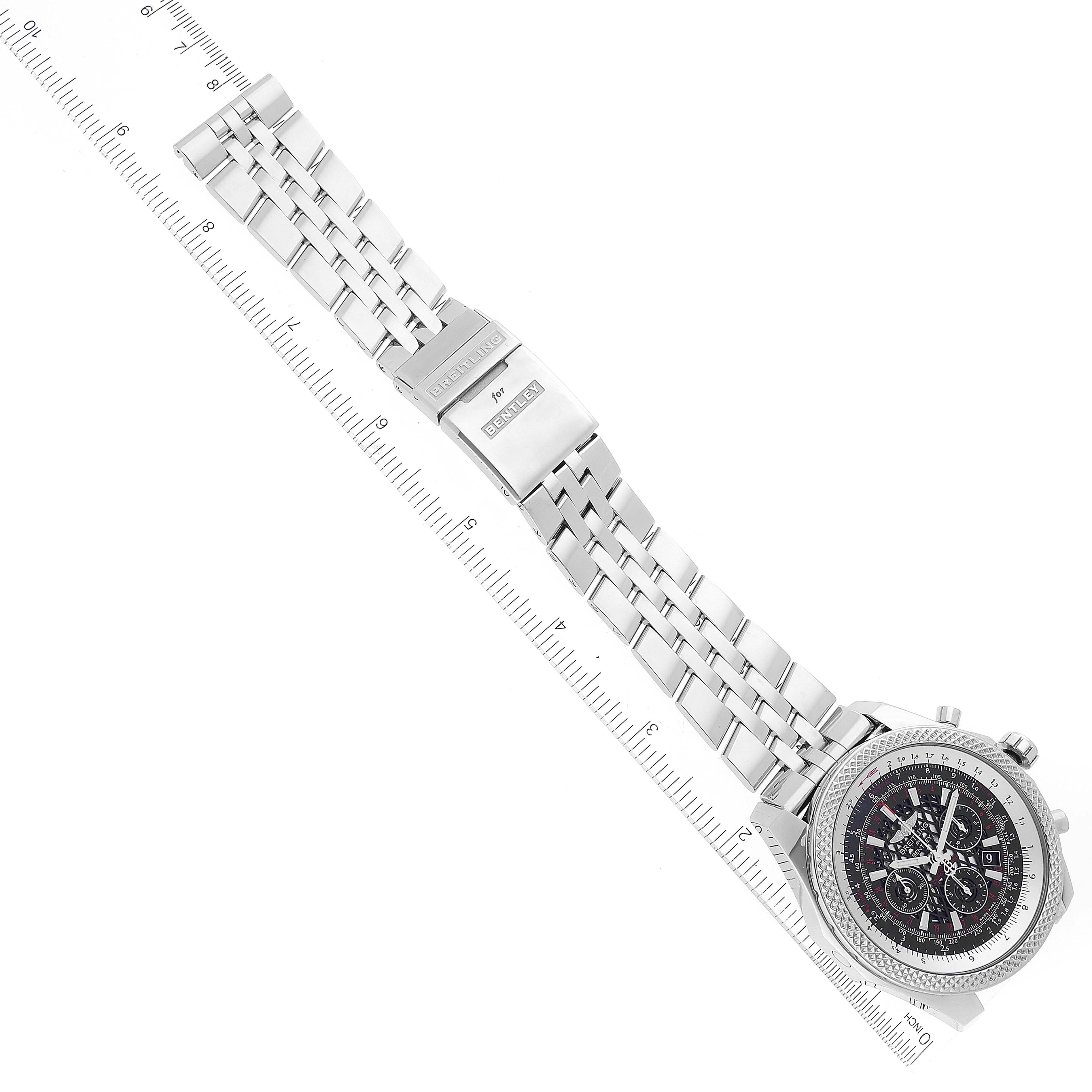 The image shows the Breitling Bentley AB061112/BC42 Men's Stainless Steel Black Dial AB061112/BC42 Men's Stainless Steel Black Dial watch laid flat at an angle, displaying its face and metal bracelet, alongside a measurement scale.