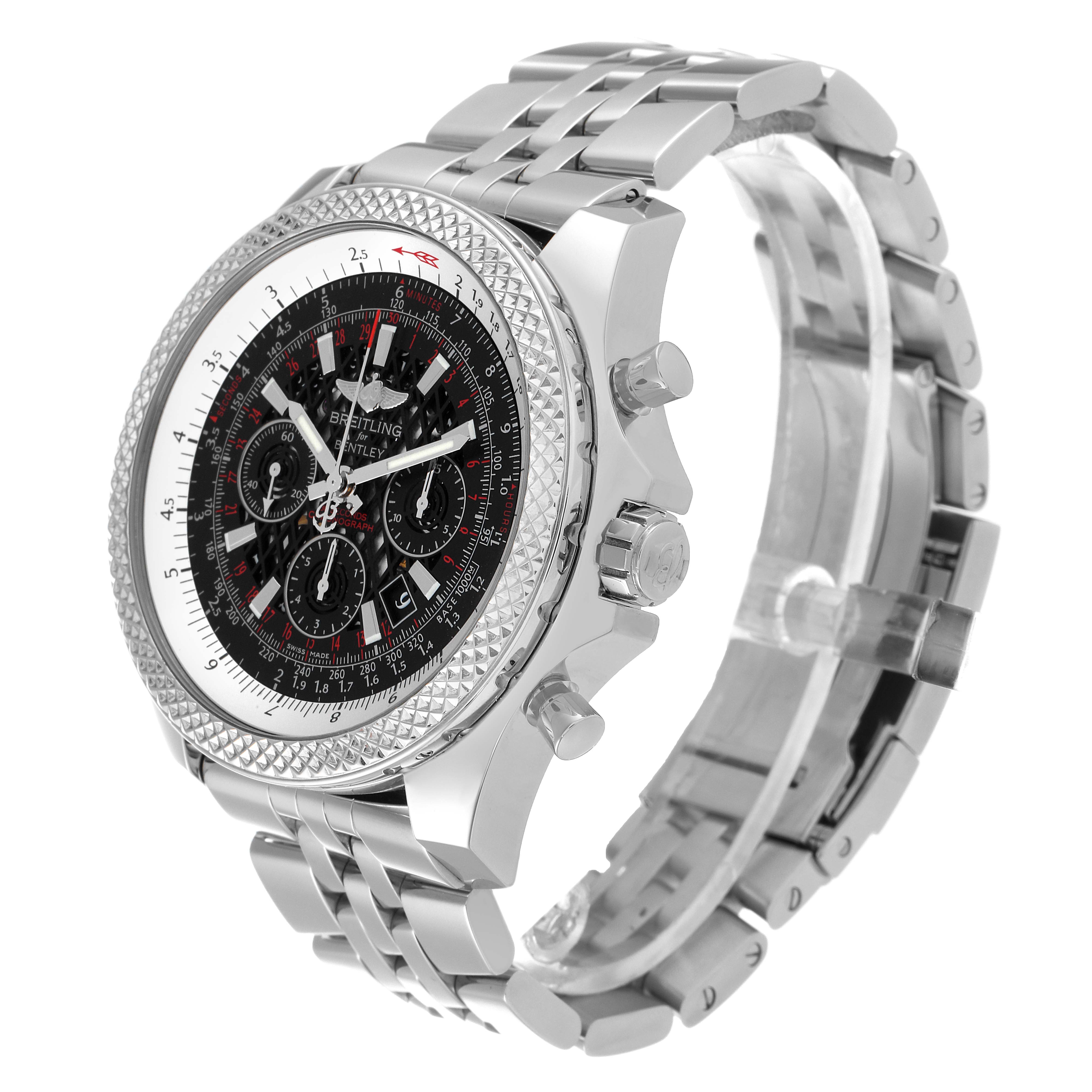 The Breitling Bentley AB061112/BC42 Men's Stainless Steel Black Dial AB061112/BC42 Men's Stainless Steel Black Dial watch is shown from a 3/4 angle, displaying its face, side buttons, and metal bracelet.