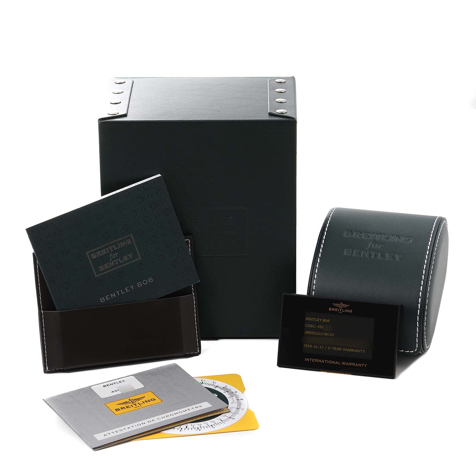 The image shows a Breitling Bentley AB061112/BC42 Men's Stainless Steel Black Dial AB061112/BC42 Men's Stainless Steel Black Dial watch box, manuals, warranty card, and a leather pouch.