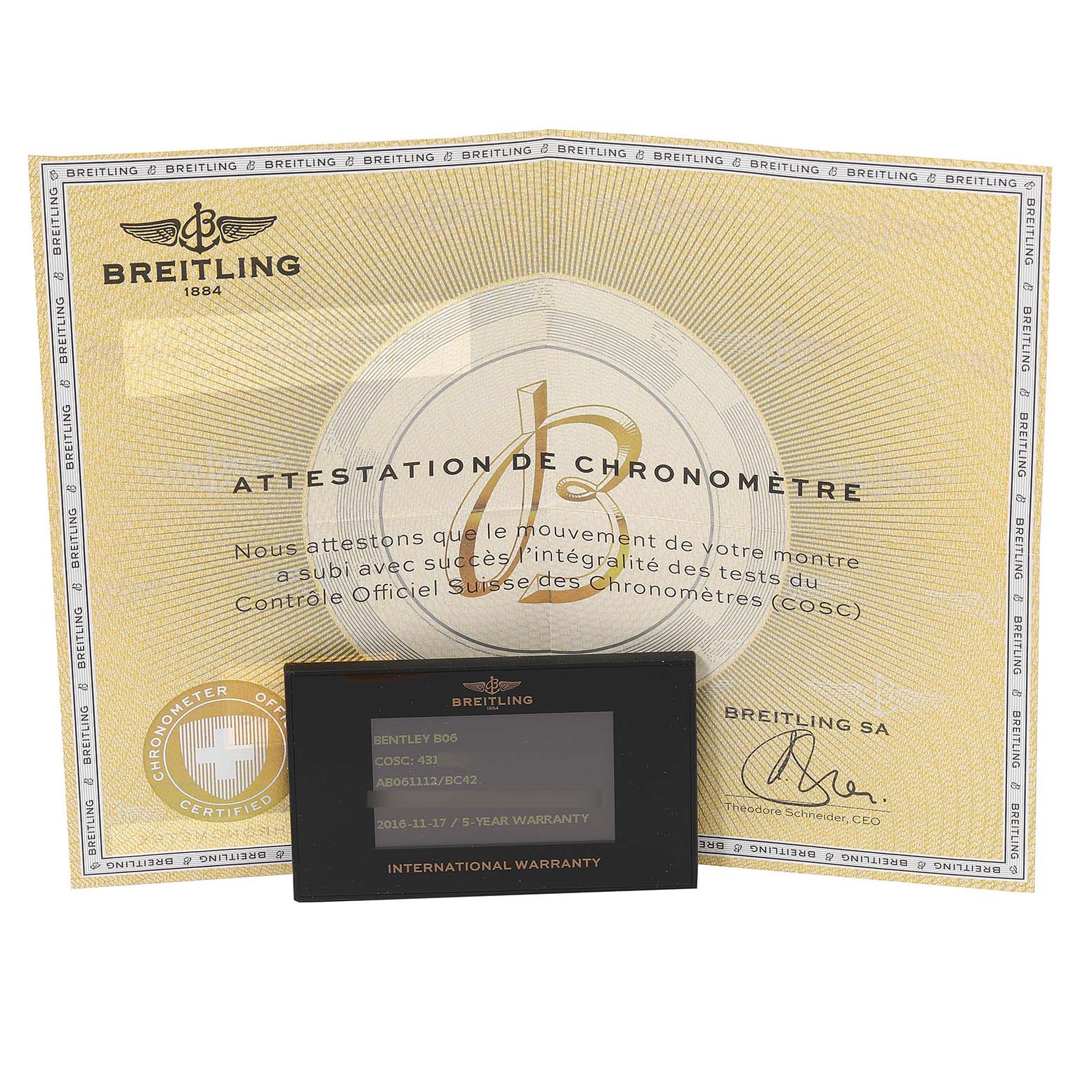 The image shows the Breitling Bentley AB061112/BC42 Men's Stainless Steel Black Dial AB061112/BC42 Men's Stainless Steel Black Dial model warranty card and its certificate of authenticity.