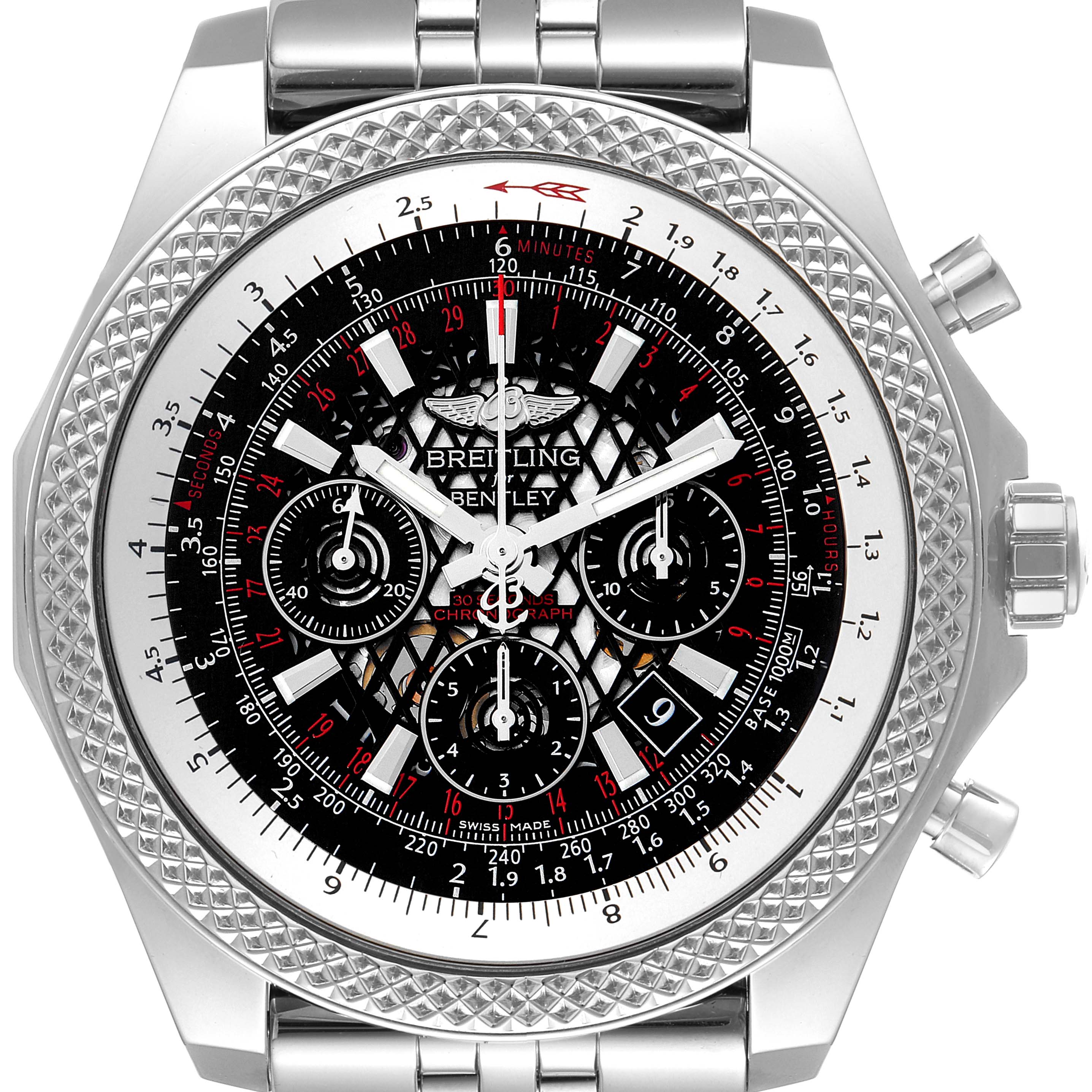 The image shows a frontal view of the Breitling Bentley AB061112/BC42 Men's Stainless Steel Black Dial AB061112/BC42 Men's Stainless Steel Black Dial watch, highlighting its detailed bezel, chronograph dials, and stainless steel bracelet.