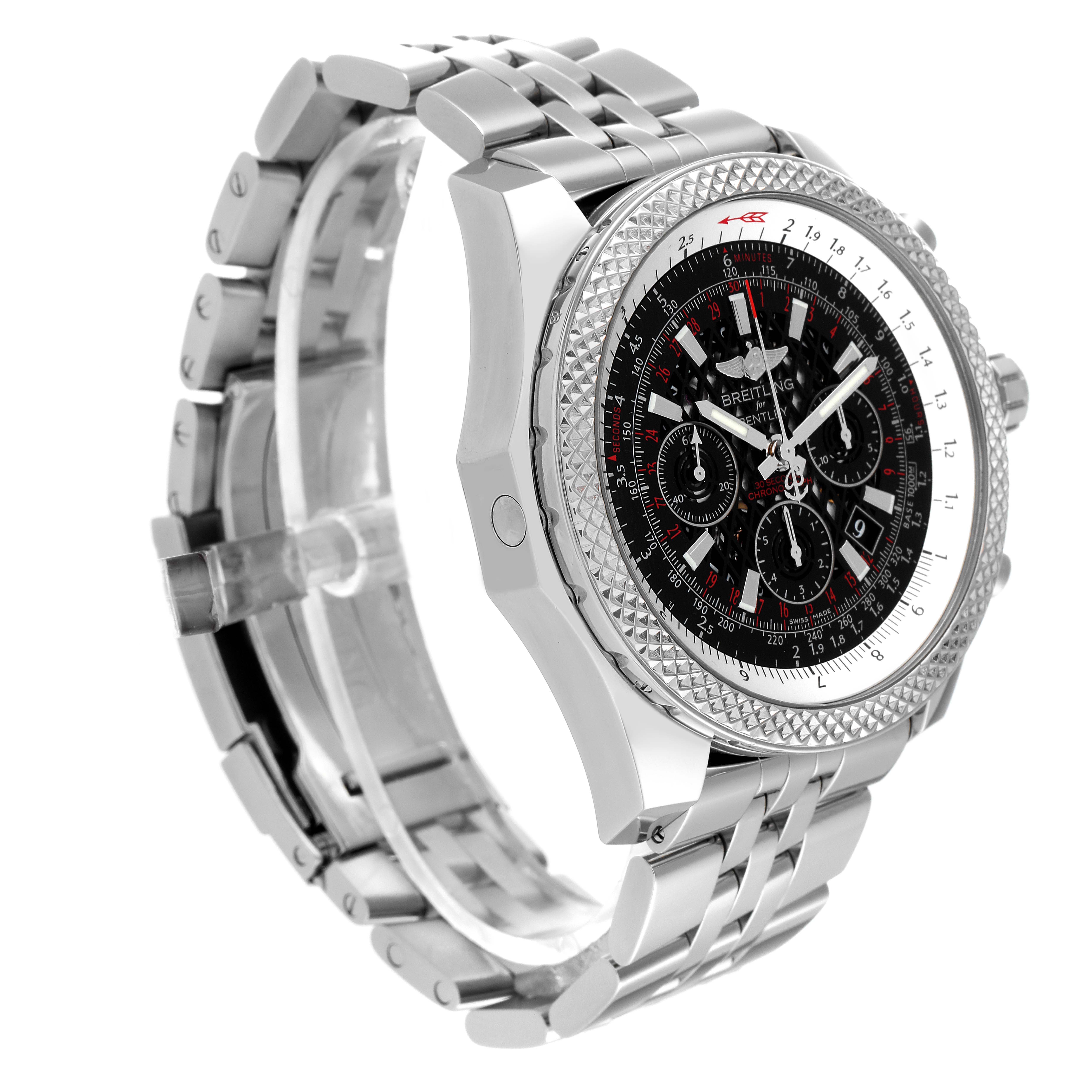 This Breitling Bentley AB061112/BC42 Men's Stainless Steel Black Dial AB061112/BC42 Men's Stainless Steel Black Dial watch is shown from a three-quarter angle, highlighting its face, bezel, and bracelet.