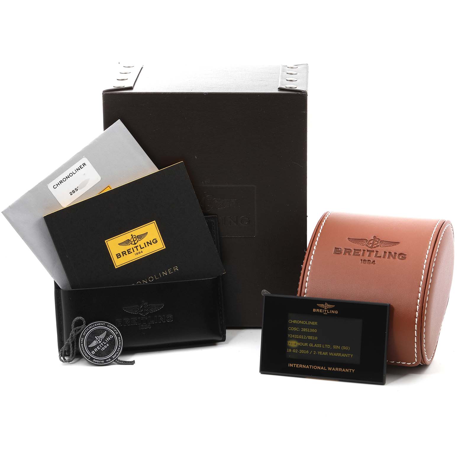 The image shows the packaging and accessories for the Breitling Chronoliner Y2431012/BE10 Men's Stainless Steel Black Dial Y2431012/BE10 Men's Stainless Steel Black Dial, including a box, manuals, warranty card, and leather watch pouch.
