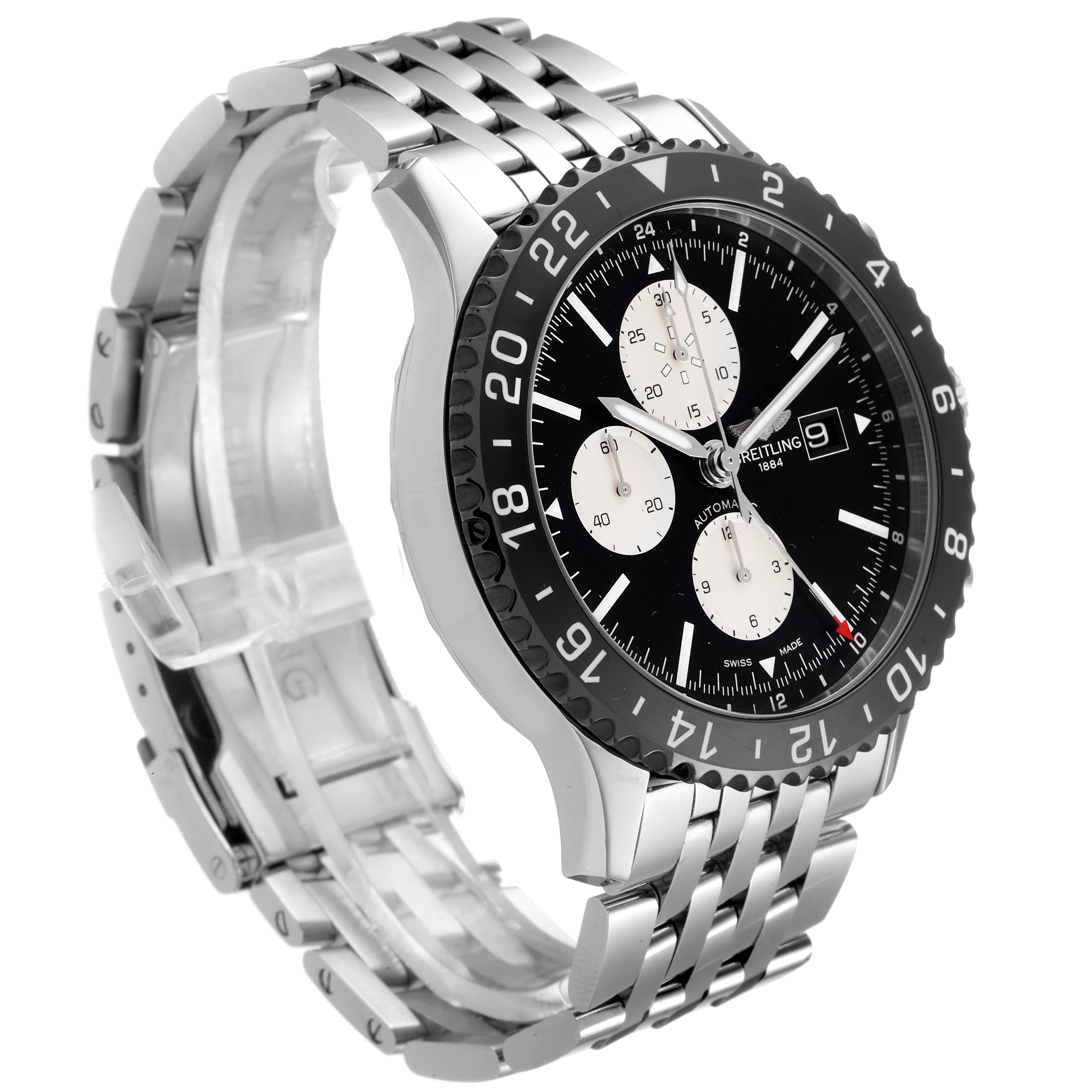 The image shows a Breitling Chronoliner Y2431012/BE10 Men's Stainless Steel Black Dial Y2431012/BE10 Men's Stainless Steel Black Dial watch at a three-quarter angle, highlighting the face, bezel, and metal bracelet.