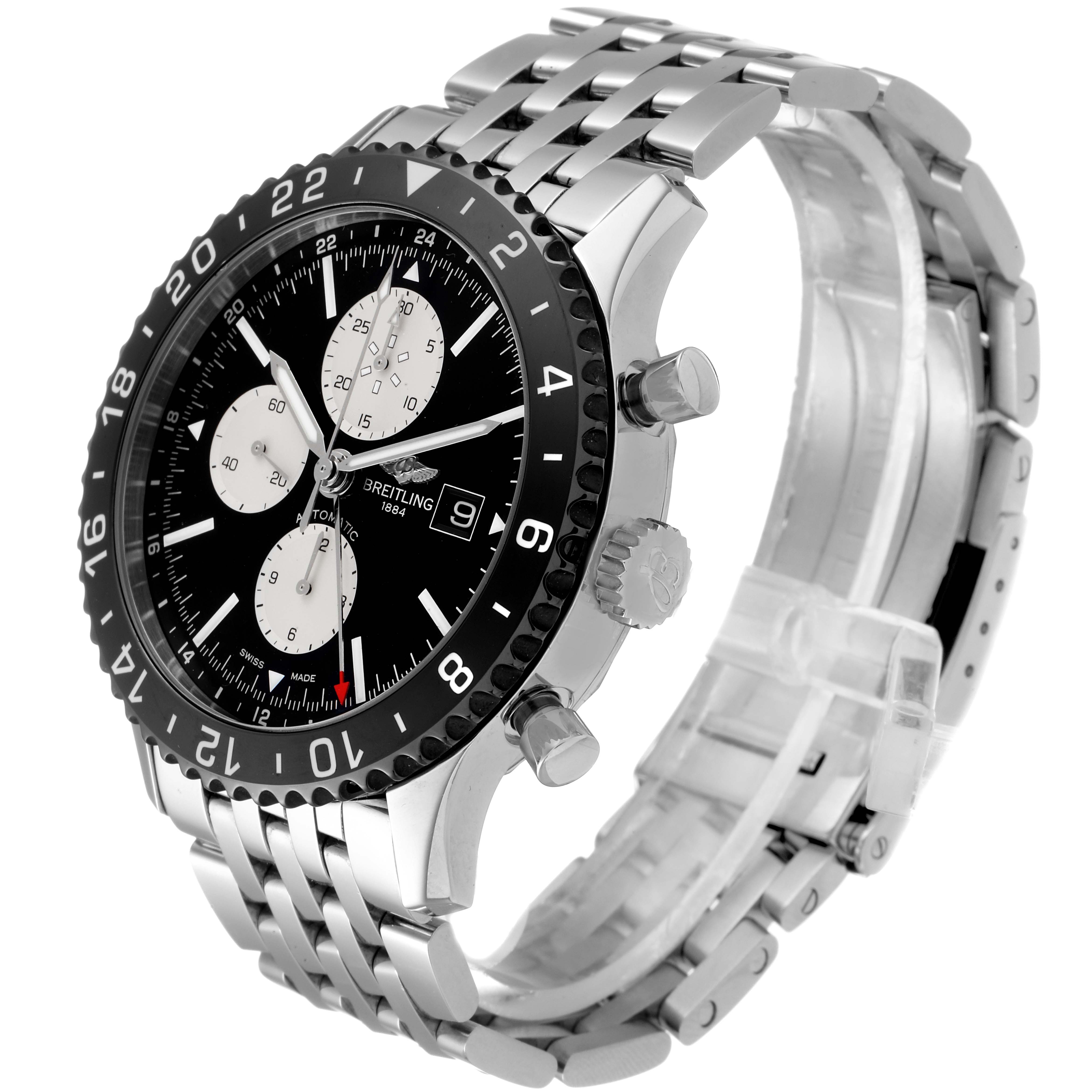 The Breitling Chronoliner Y2431012/BE10 Men's Stainless Steel Black Dial Y2431012/BE10 Men's Stainless Steel Black Dial watch is shown from a 3/4 angle, highlighting its bezel, dial, chronograph sub-dials, and bracelet.