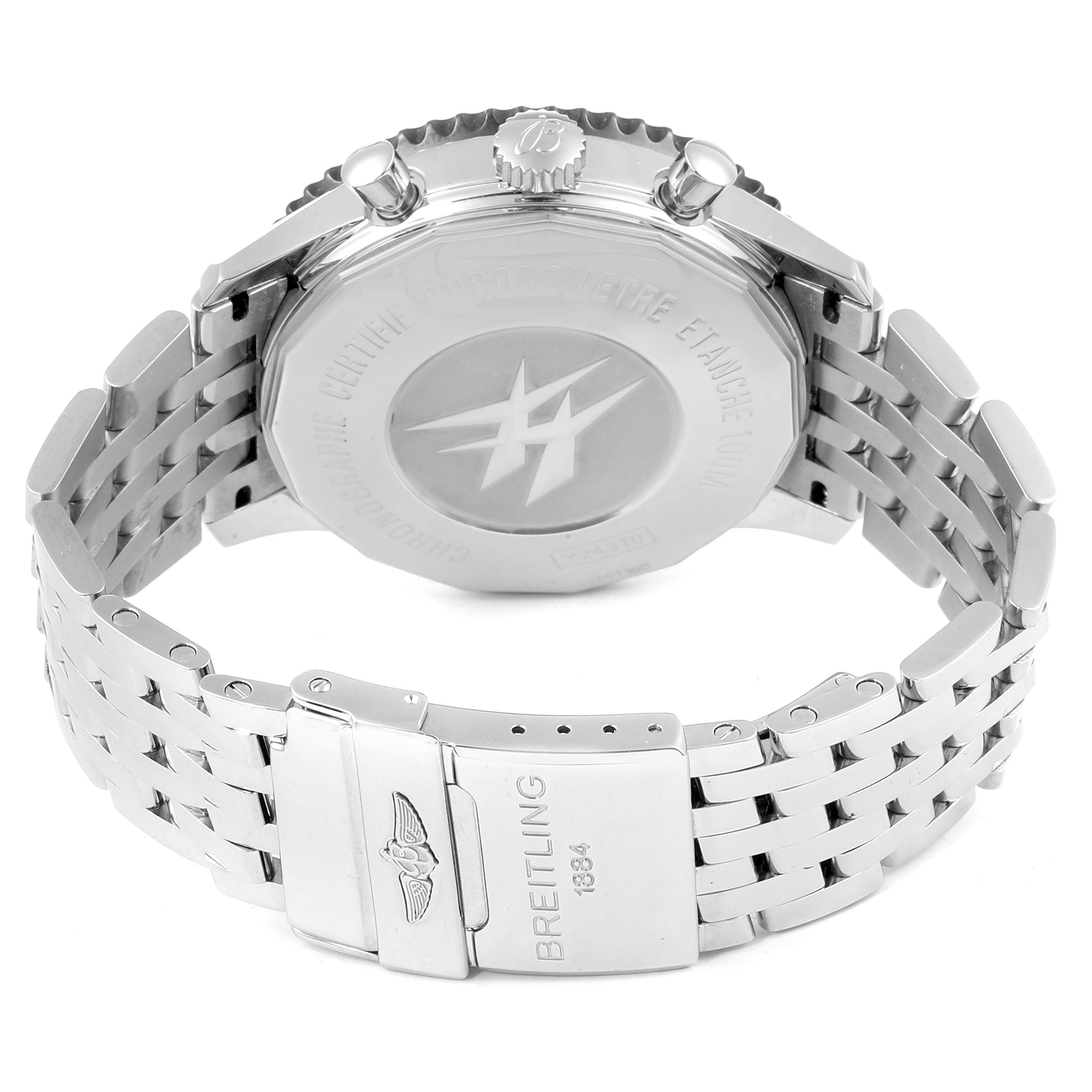 This angle shows the back case and clasp of the Breitling Chronoliner Y2431012/BE10 Men's Stainless Steel Black Dial Y2431012/BE10 Men's Stainless Steel Black Dial watch, showcasing its stainless steel bracelet and engravings.