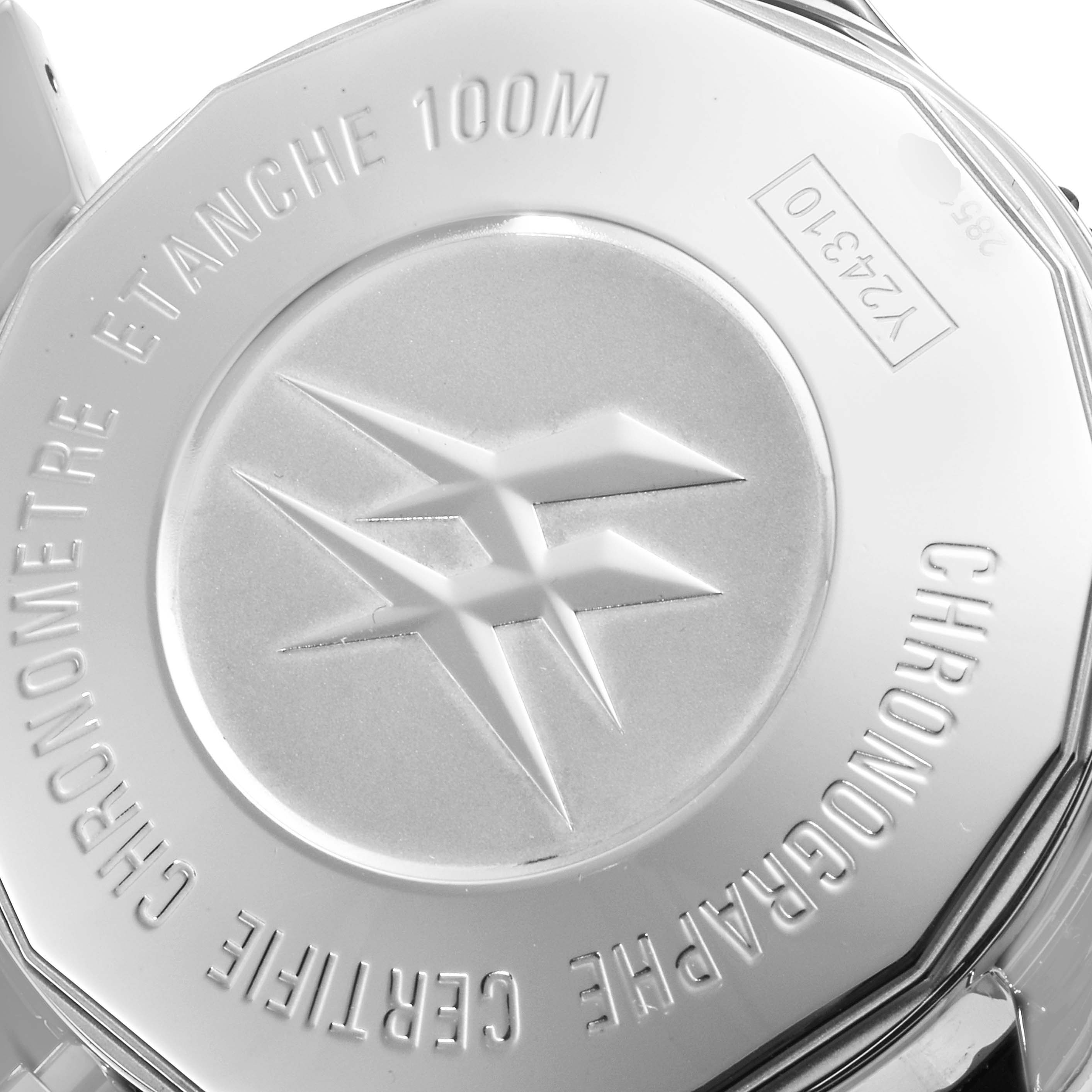 The image shows the back case of a Breitling Chronoliner Y2431012/BE10 Men's Stainless Steel Black Dial Y2431012/BE10 Men's Stainless Steel Black Dial watch, highlighting the engraved logo and specifications.