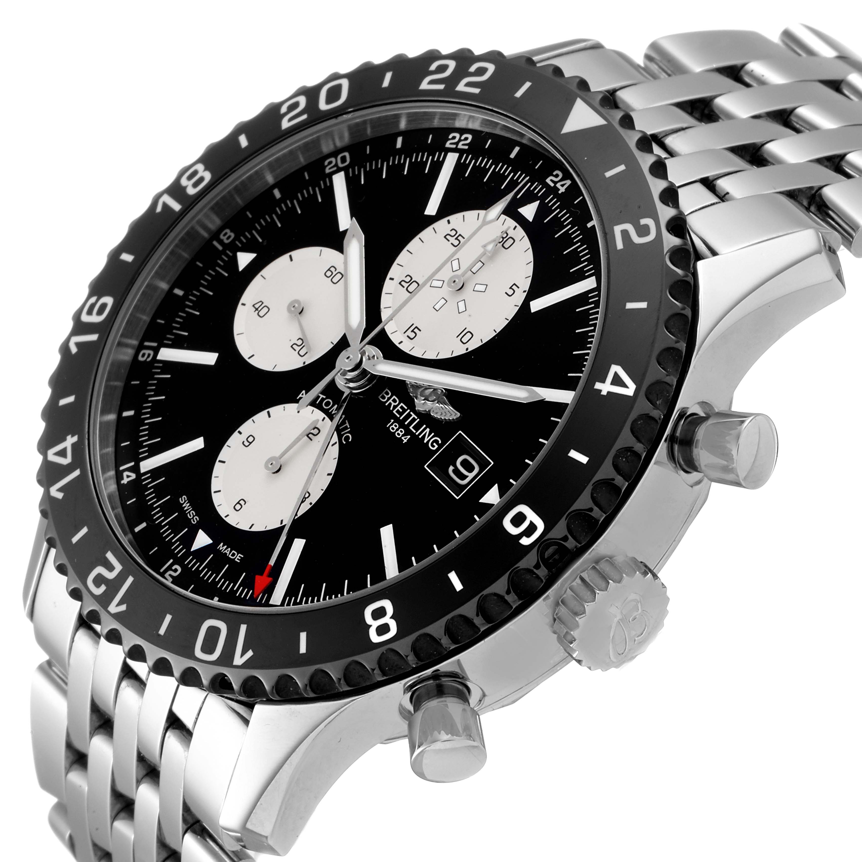 The image shows a Breitling Chronoliner Y2431012/BE10 Men's Stainless Steel Black Dial Y2431012/BE10 Men's Stainless Steel Black Dial watch angled to display its face, bezel, crown, pushers, and metal band.