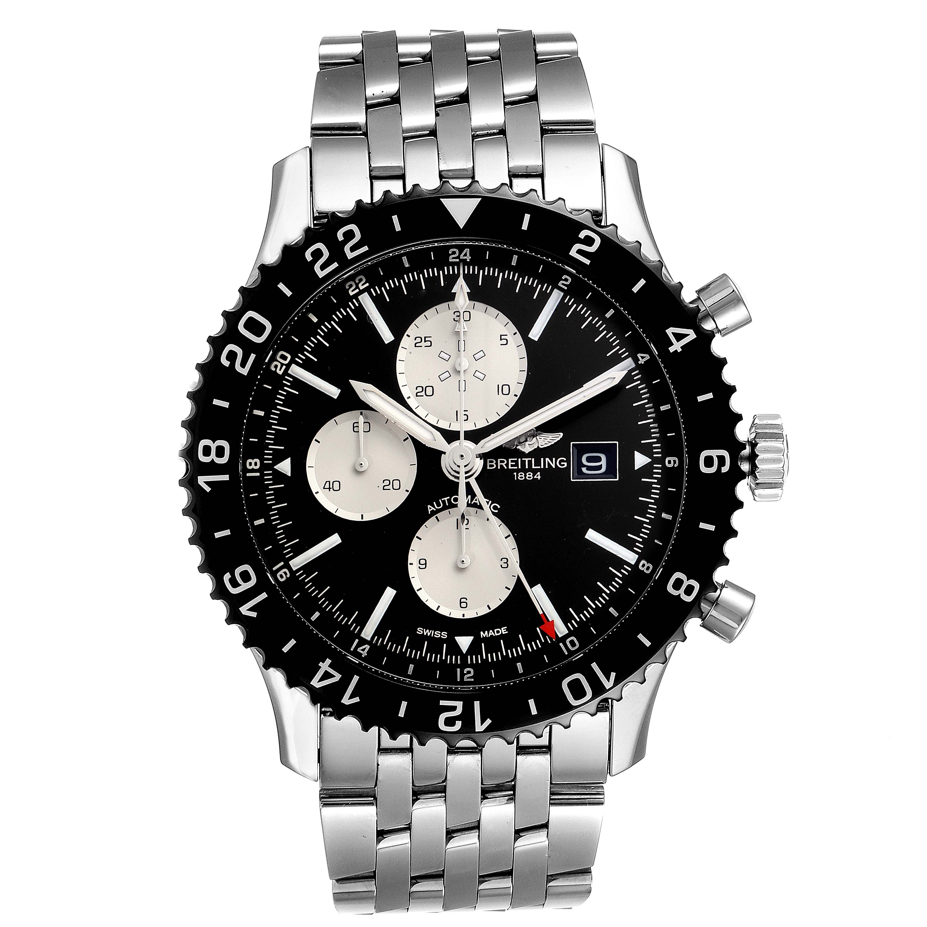 The image shows a front view of the Breitling Chronoliner Y2431012/BE10 Men's Stainless Steel Black Dial Y2431012/BE10 Men's Stainless Steel Black Dial watch, featuring its stainless steel bracelet, black dial, and chronograph subdials.