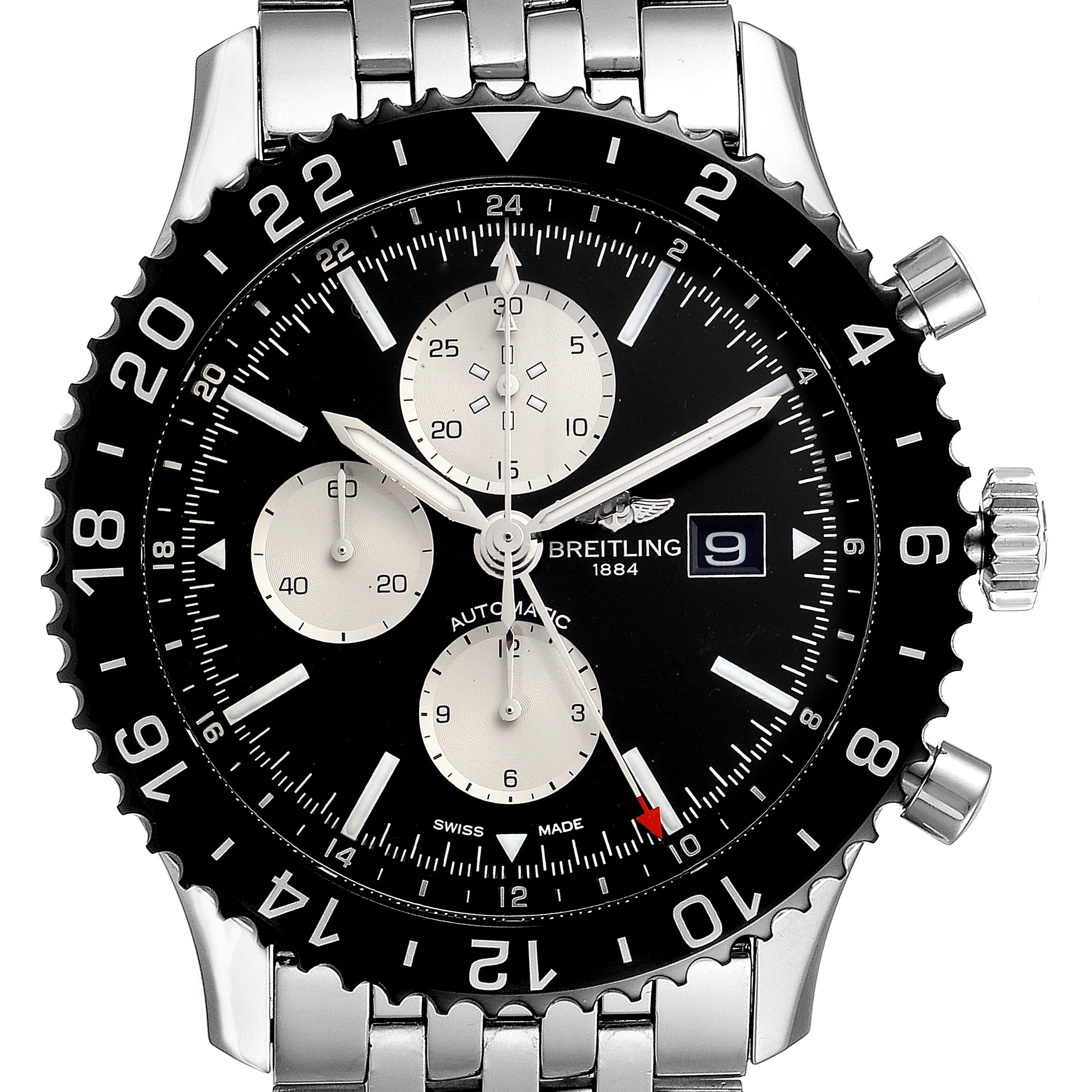 This image shows a front view of a Breitling Chronoliner Y2431012/BE10 Men's Stainless Steel Black Dial Y2431012/BE10 Men's Stainless Steel Black Dial watch displaying its face, bezel, and metal bracelet.