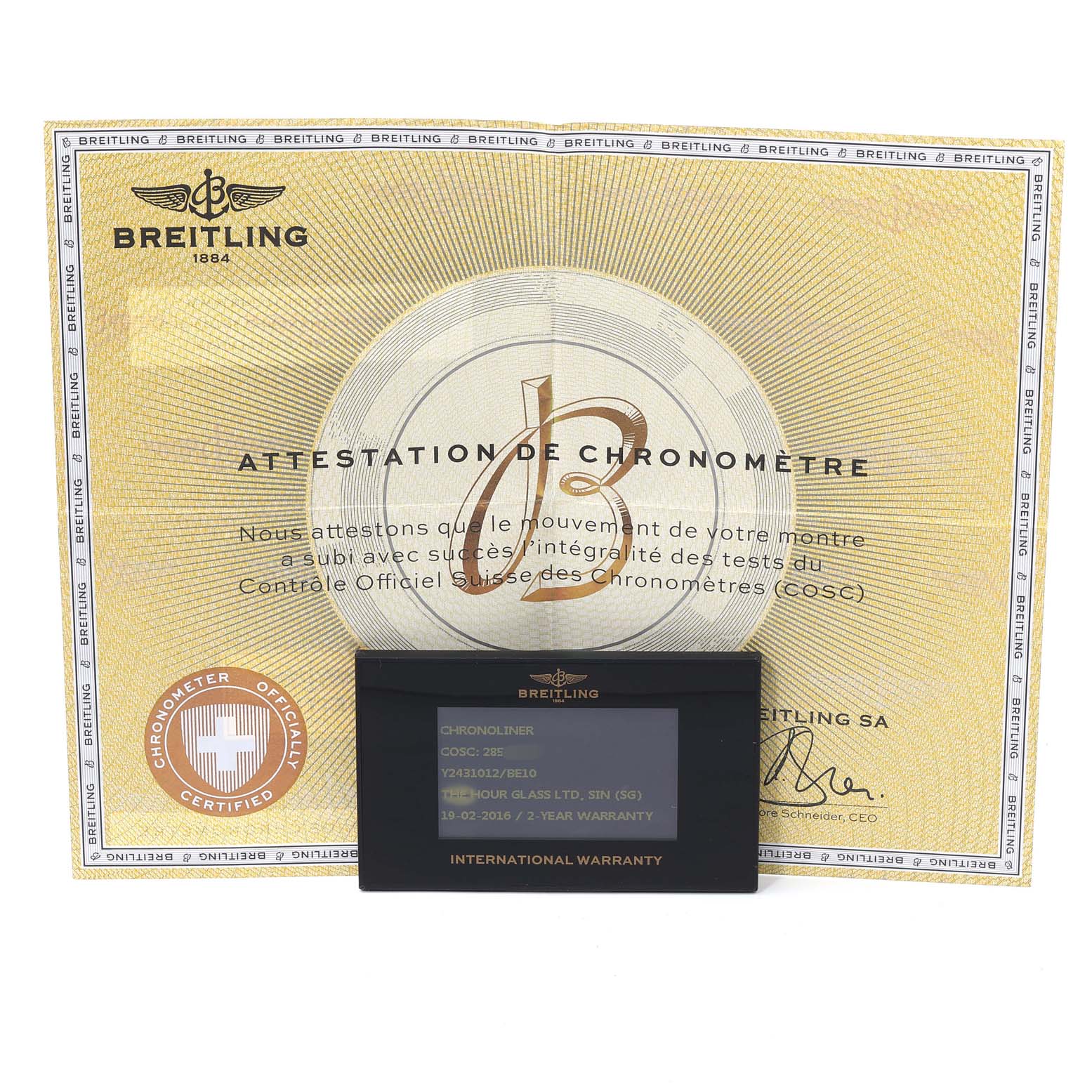 The image shows the warranty card and certificate for the Breitling Chronoliner Y2431012/BE10 Men's Stainless Steel Black Dial Y2431012/BE10 Men's Stainless Steel Black Dial watch model.