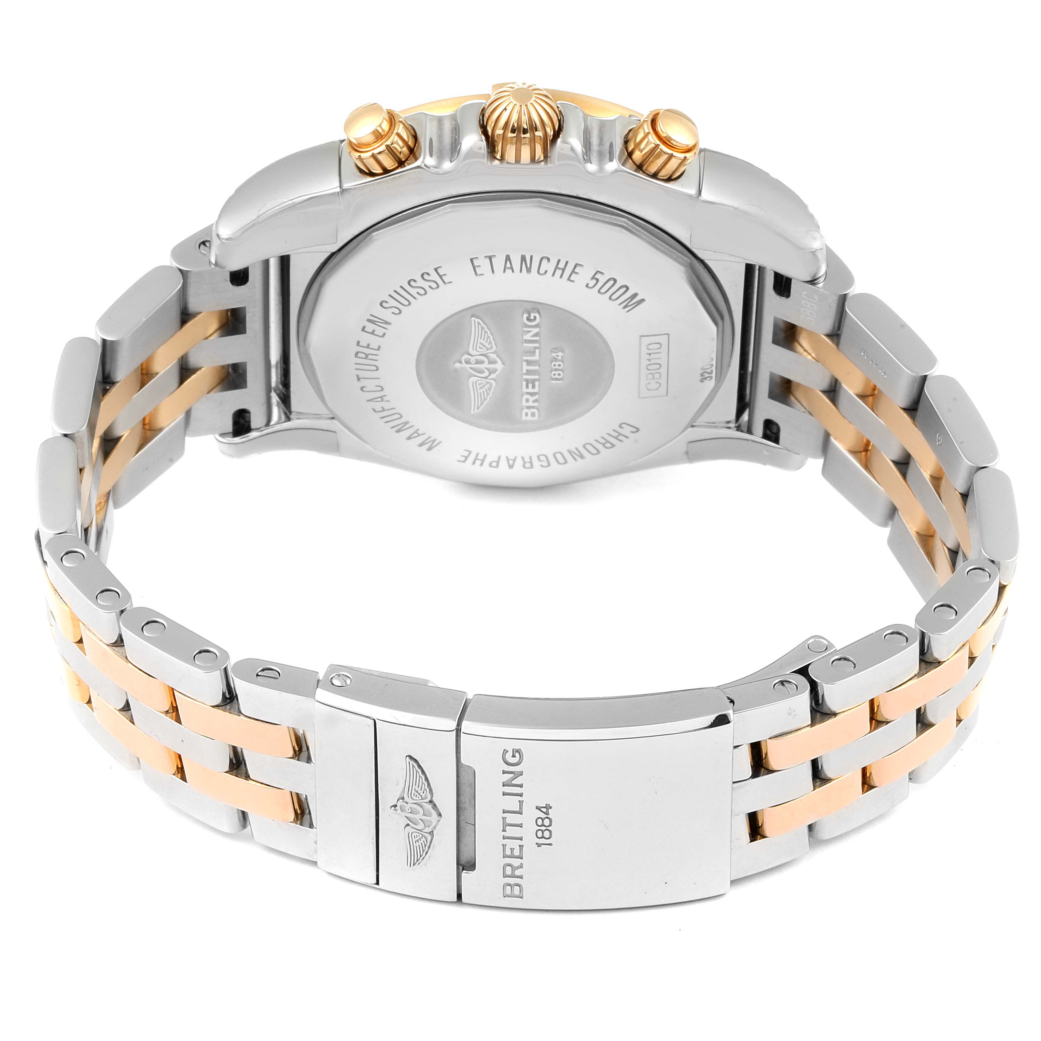 The image shows the back case and bracelet of the Breitling Chronomat CB011012/C790 Men
s Steel and Gold (two tone) Black Dial CB011012/C790 Men
s Steel and Gold (two tone) Black Dial watch, highlighting the clasp and case markings.