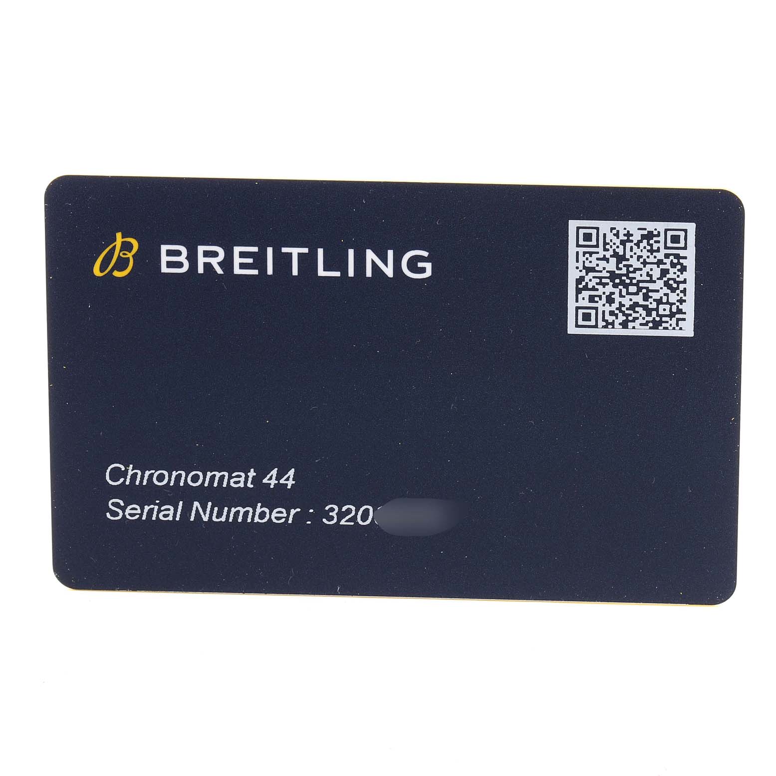 This image shows a warranty card for the Breitling Chronomat CB011012/C790 Men
s Steel and Gold (two tone) Black Dial CB011012/C790 Men
s Steel and Gold (two tone) Black Dial 44 watch model, displaying the brand name, a QR code, and serial number.