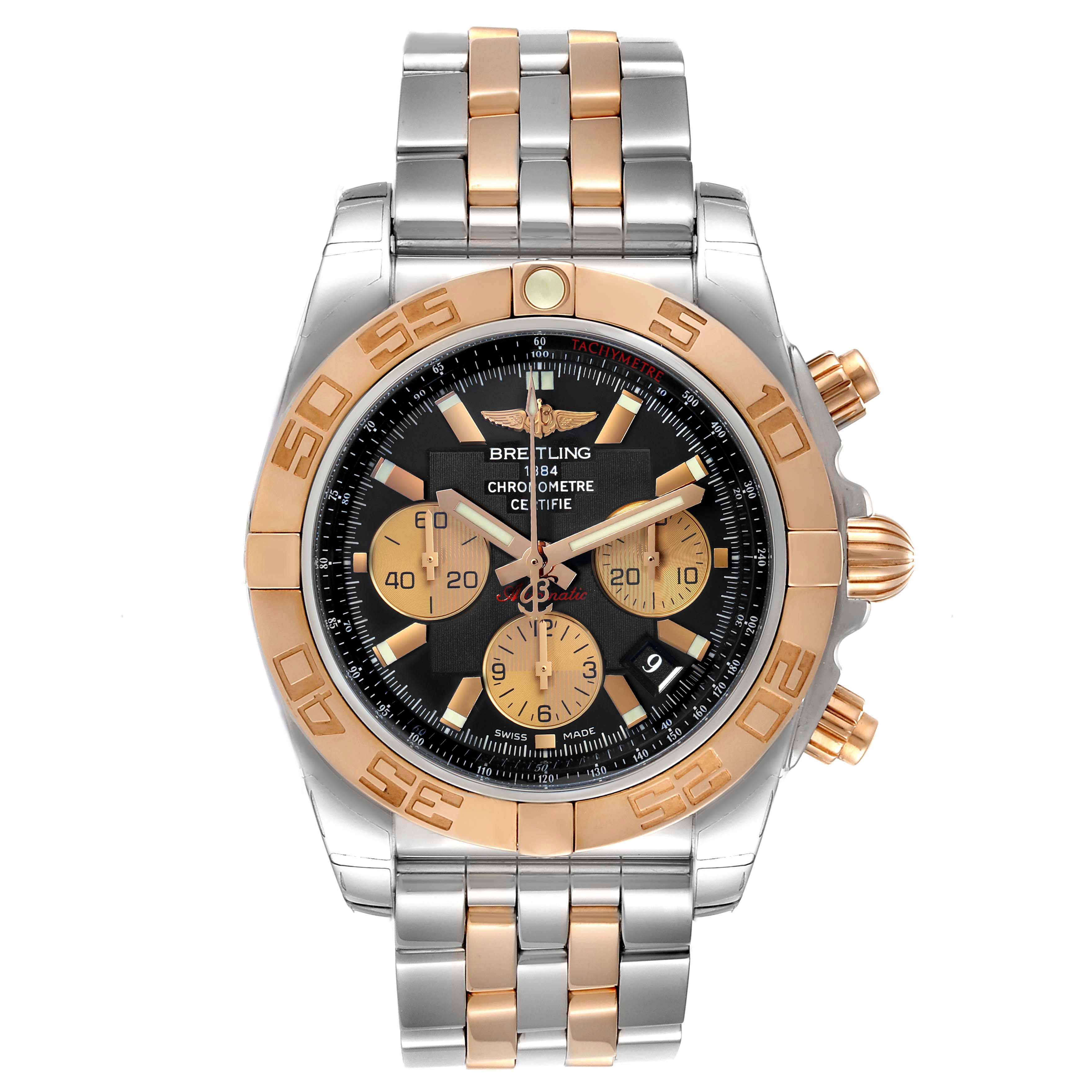 The Breitling Chronomat CB011012/C790 Men
s Steel and Gold (two tone) Black Dial CB011012/C790 Men
s Steel and Gold (two tone) Black Dial watch is shown from a frontal angle, highlighting its face, bezel, and dual-tone bracelet.
