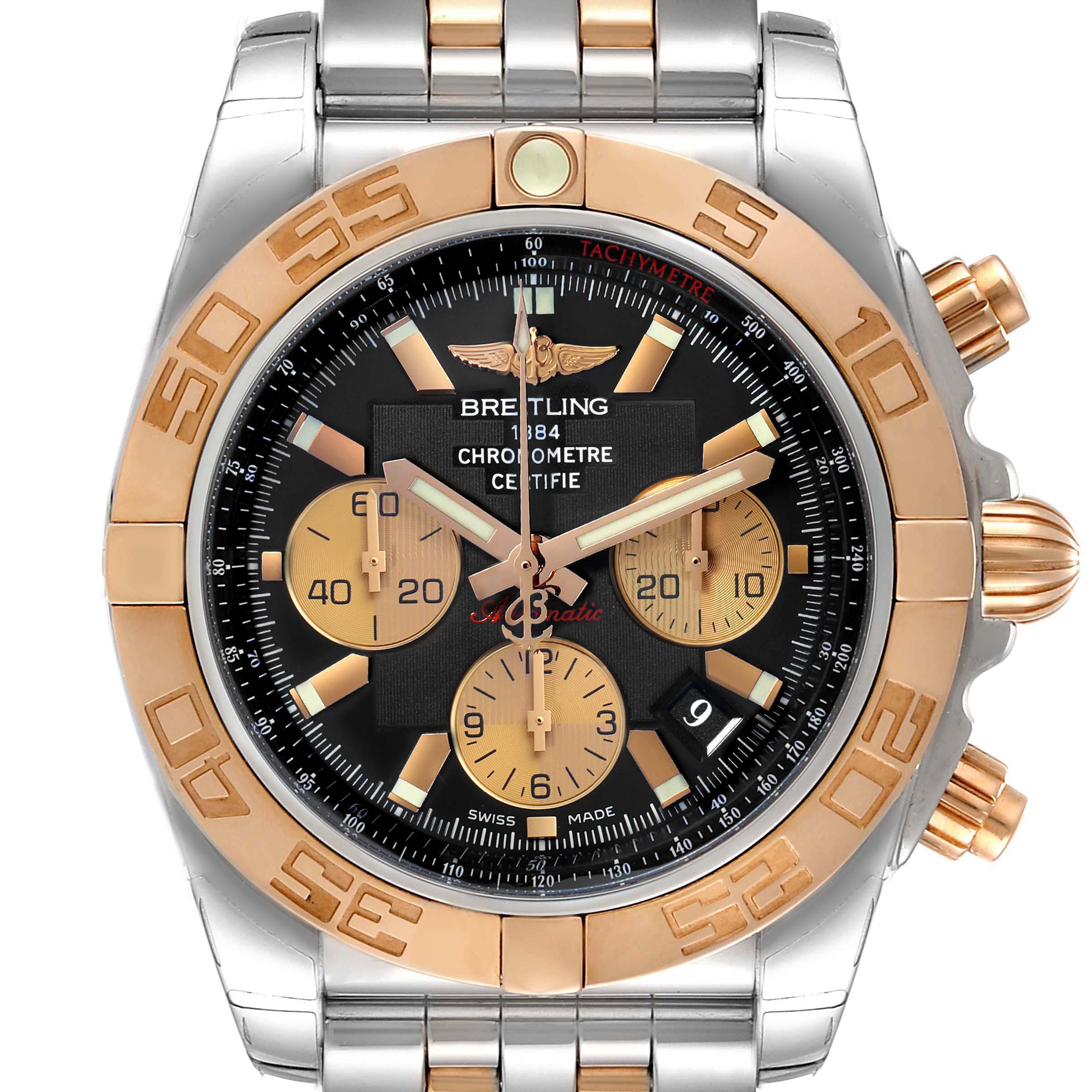 This image shows a front view of a Breitling Chronomat CB011012/C790 Men
s Steel and Gold (two tone) Black Dial CB011012/C790 Men
s Steel and Gold (two tone) Black Dial watch, featuring its dial, bezel, and part of the bracelet.