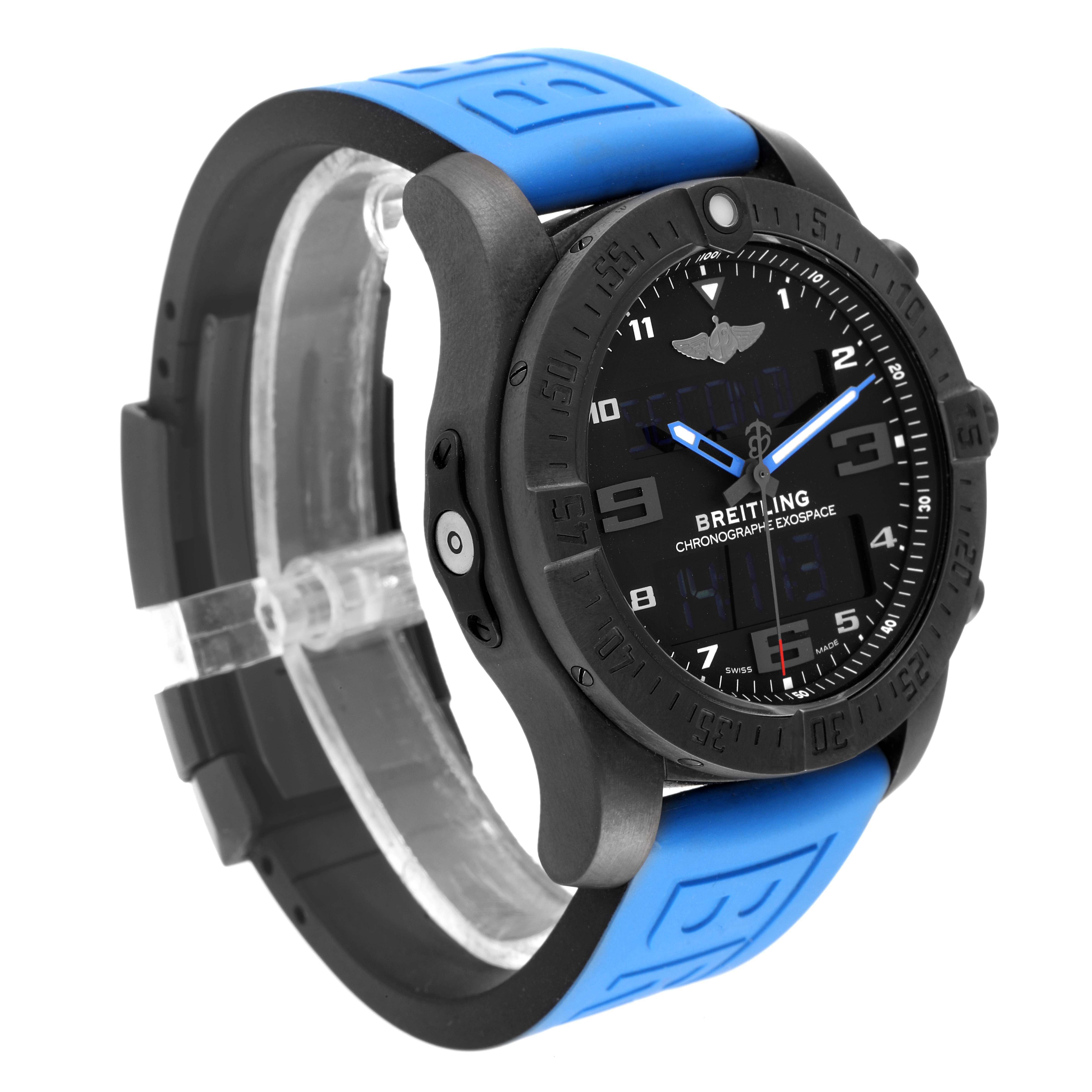 The image shows a Breitling Professional Series VB5510 Men
s Titanium Black Dial VB5510 Men
s Titanium Black Dial watch at a slight angle, highlighting the face, bezel, and blue strap.