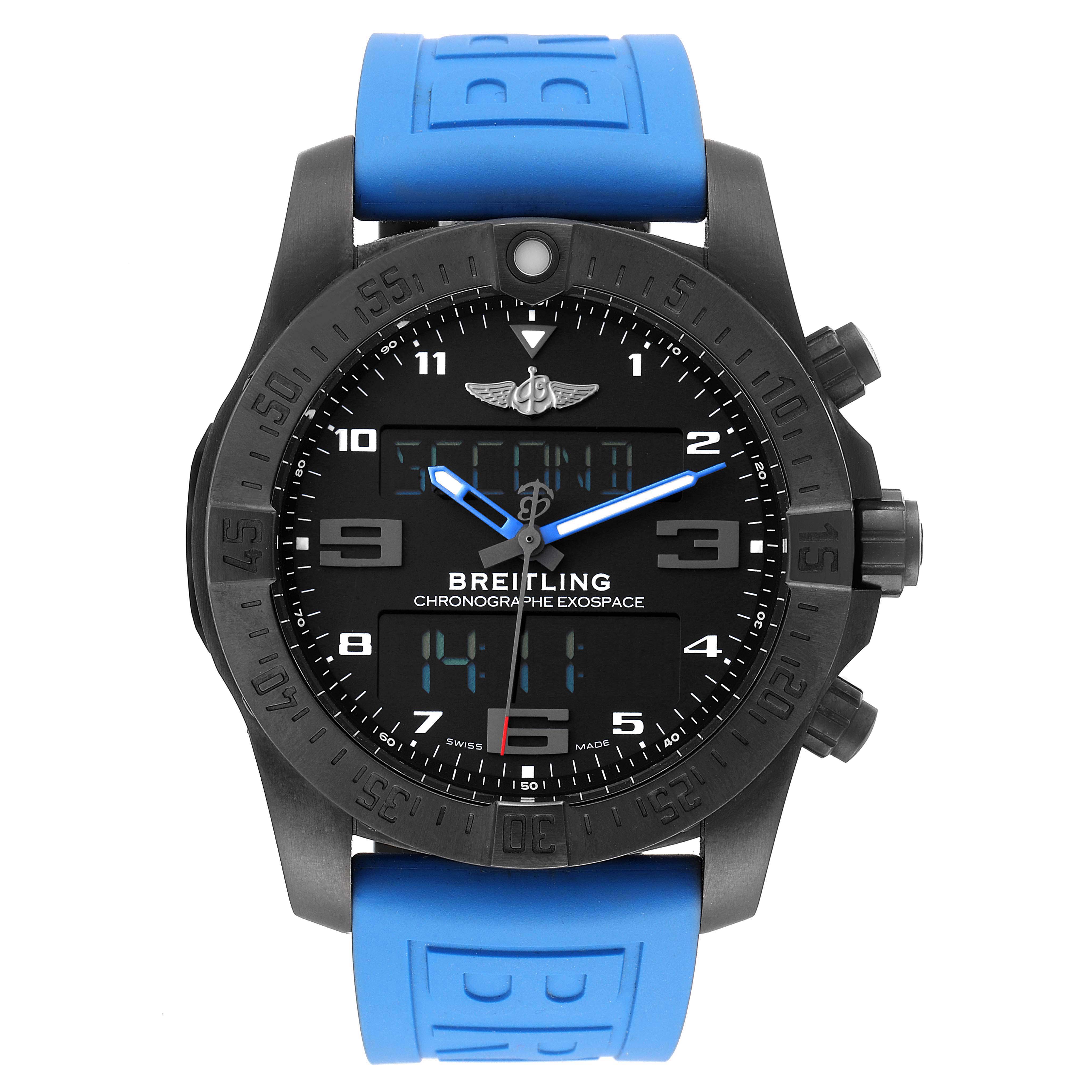 The image shows a front view of a Breitling Professional Series VB5510 Men
s Titanium Black Dial VB5510 Men
s Titanium Black Dial watch with a black dial and blue strap.