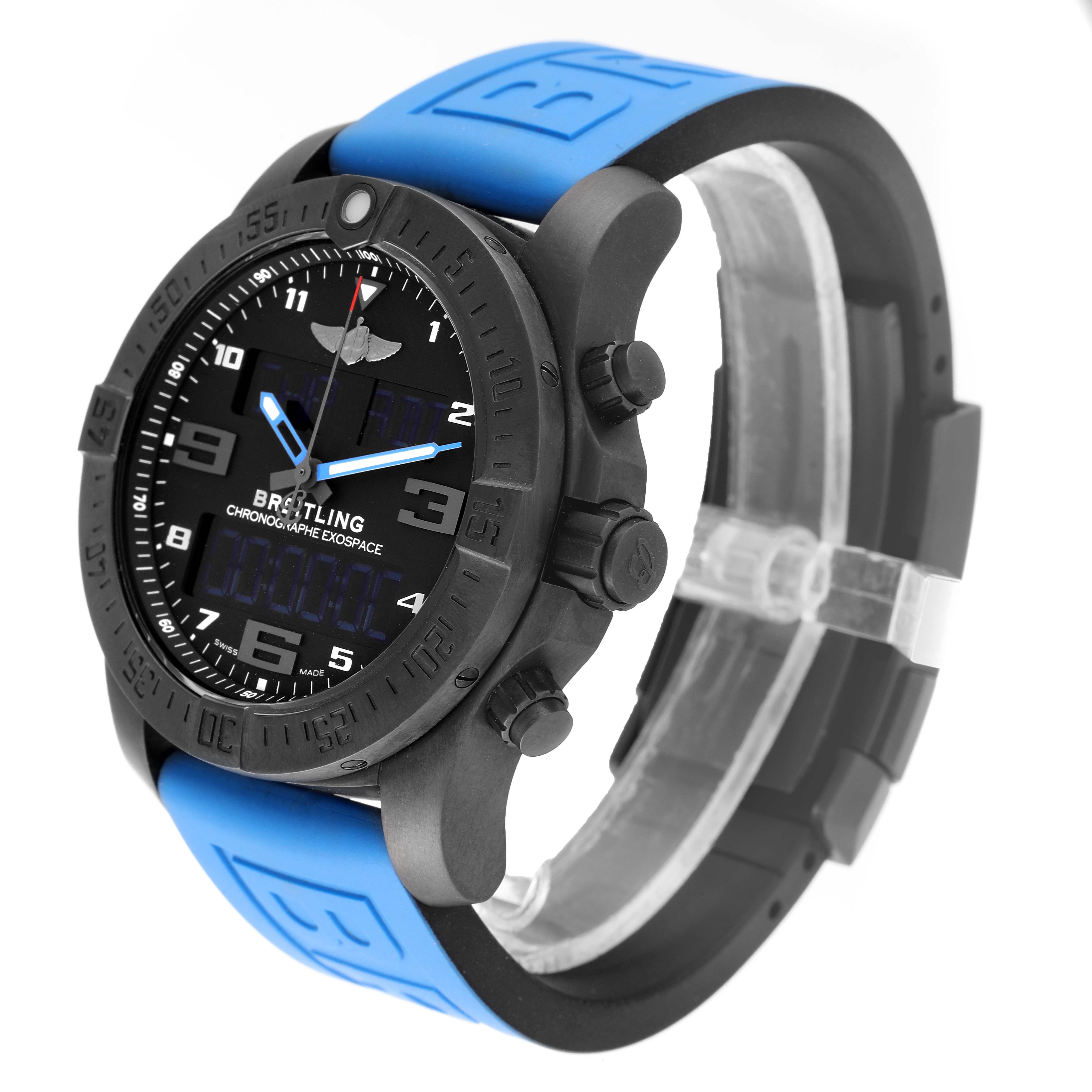 The image shows a side and front view of a Breitling Professional Series VB5510 Men
s Titanium Black Dial VB5510 Men
s Titanium Black Dial watch with a blue strap.