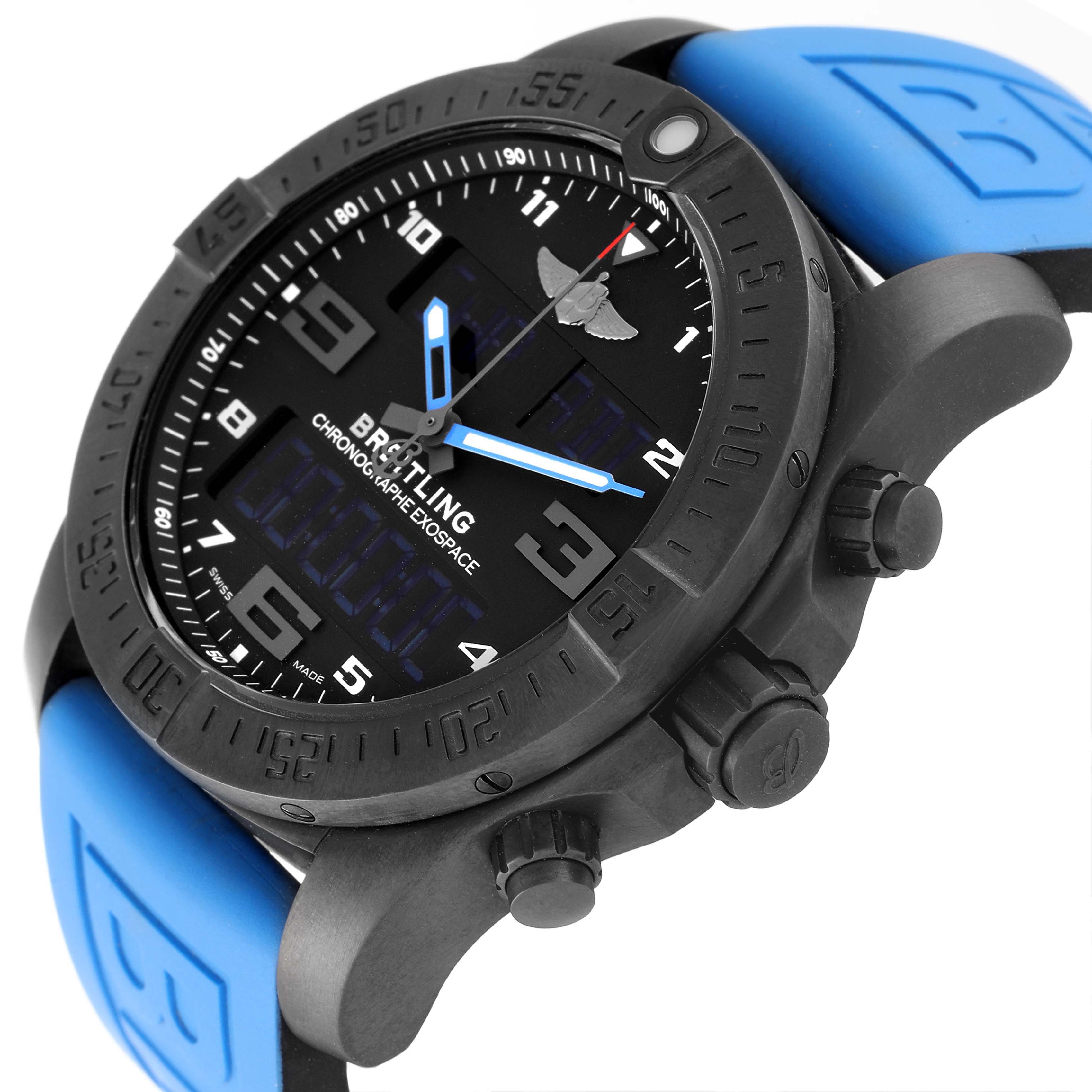 The image shows a Breitling Professional Series VB5510 Men
s Titanium Black Dial VB5510 Men
s Titanium Black Dial watch with a side-angle view, highlighting the face, bezel, and blue strap.