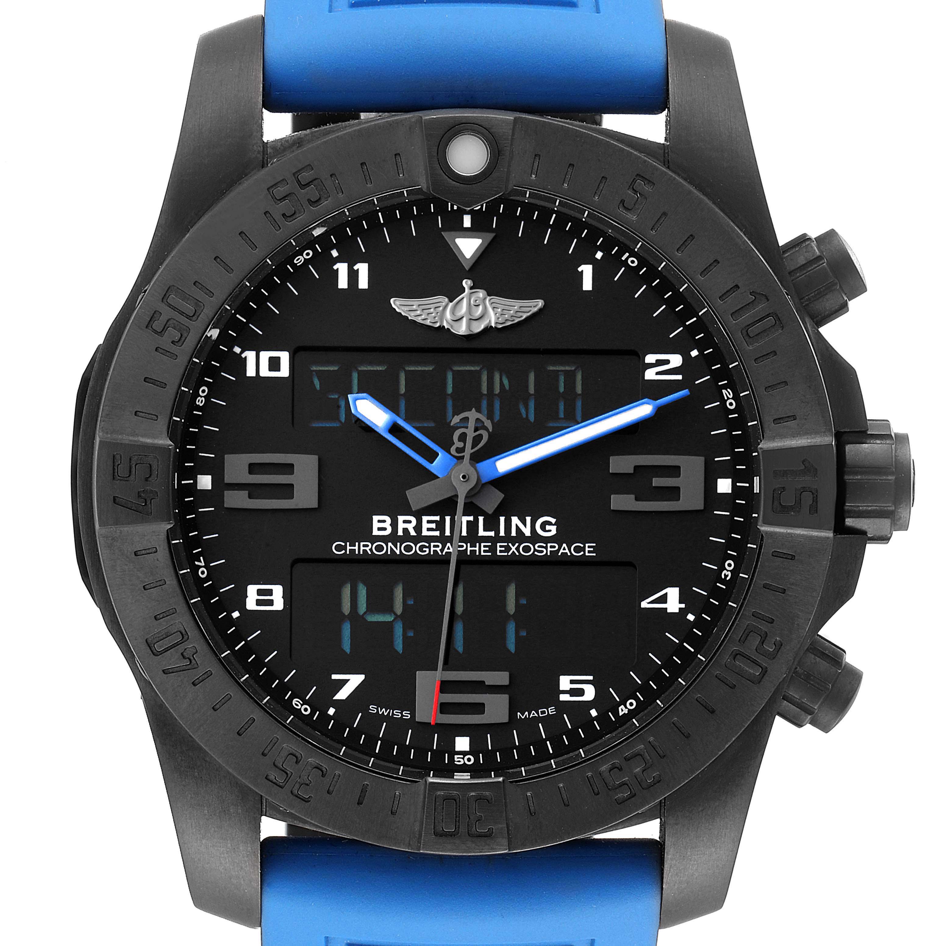 The image shows a frontal view of a Breitling Professional Series VB5510 Men
s Titanium Black Dial VB5510 Men
s Titanium Black Dial Chronographe Exospace watch with a blue strap.