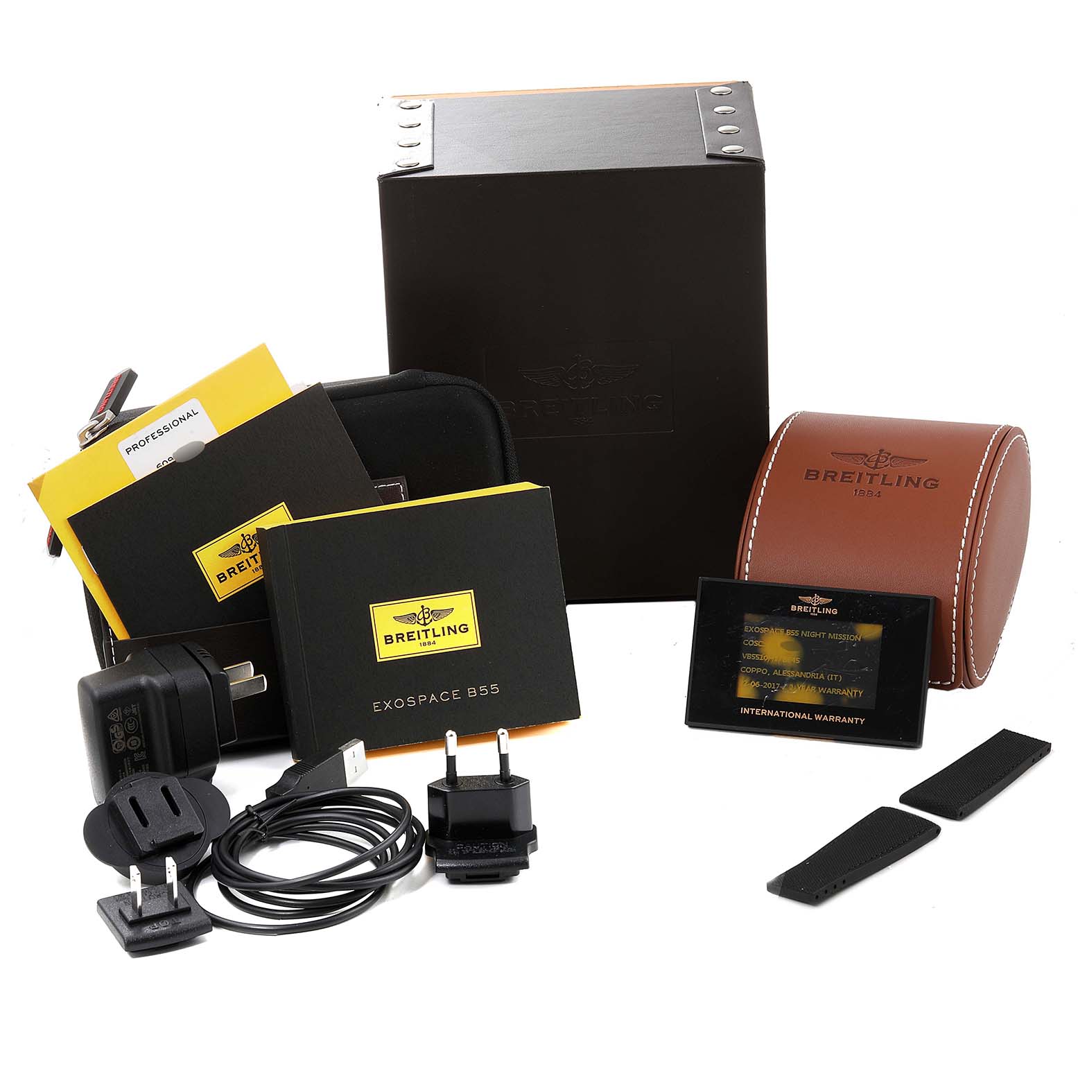 The image shows accessories for the Breitling Professional Series VB5510 Men
s Titanium Black Dial VB5510 Men
s Titanium Black Dial model, including packaging, manuals, a warranty card, charger, and straps.