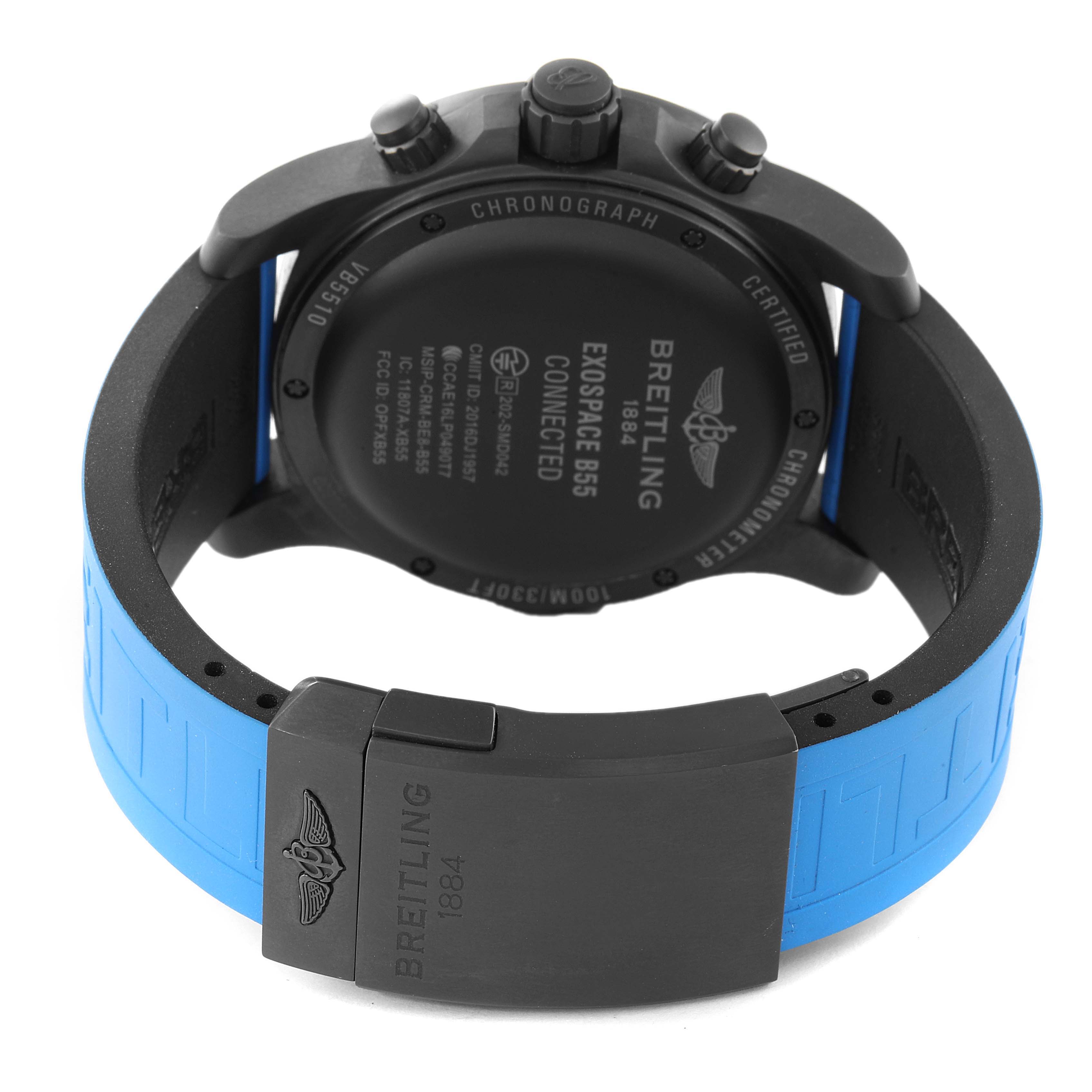 The image shows the back casing and blue rubber strap of a Breitling Exospace B55 Professional Series watch.