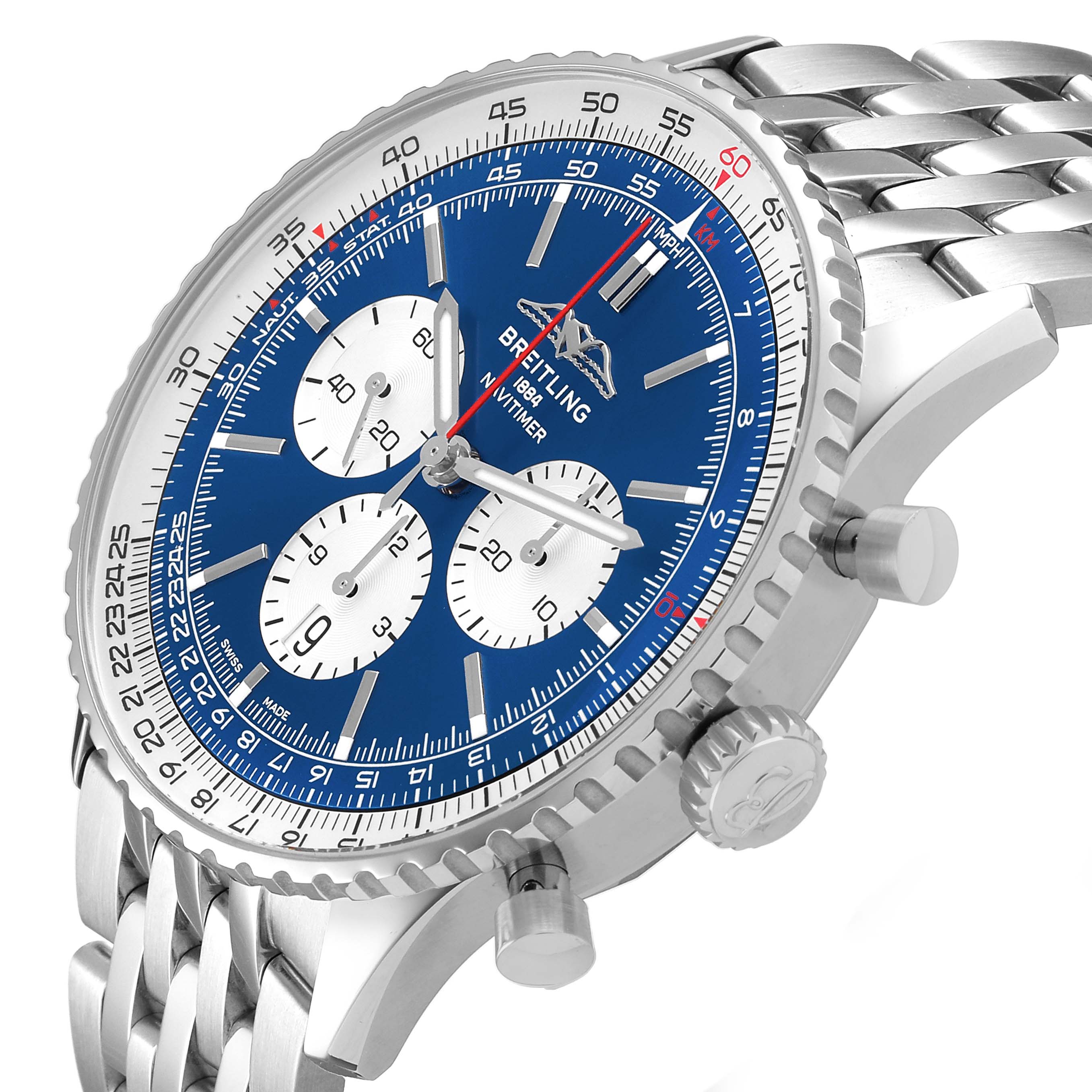 The image shows a Breitling Navitimer AB0137 Men's Stainless Steel Blue Dial watch at an angled side view, highlighting the blue dial, subdials, bezel, and stainless steel bracelet.