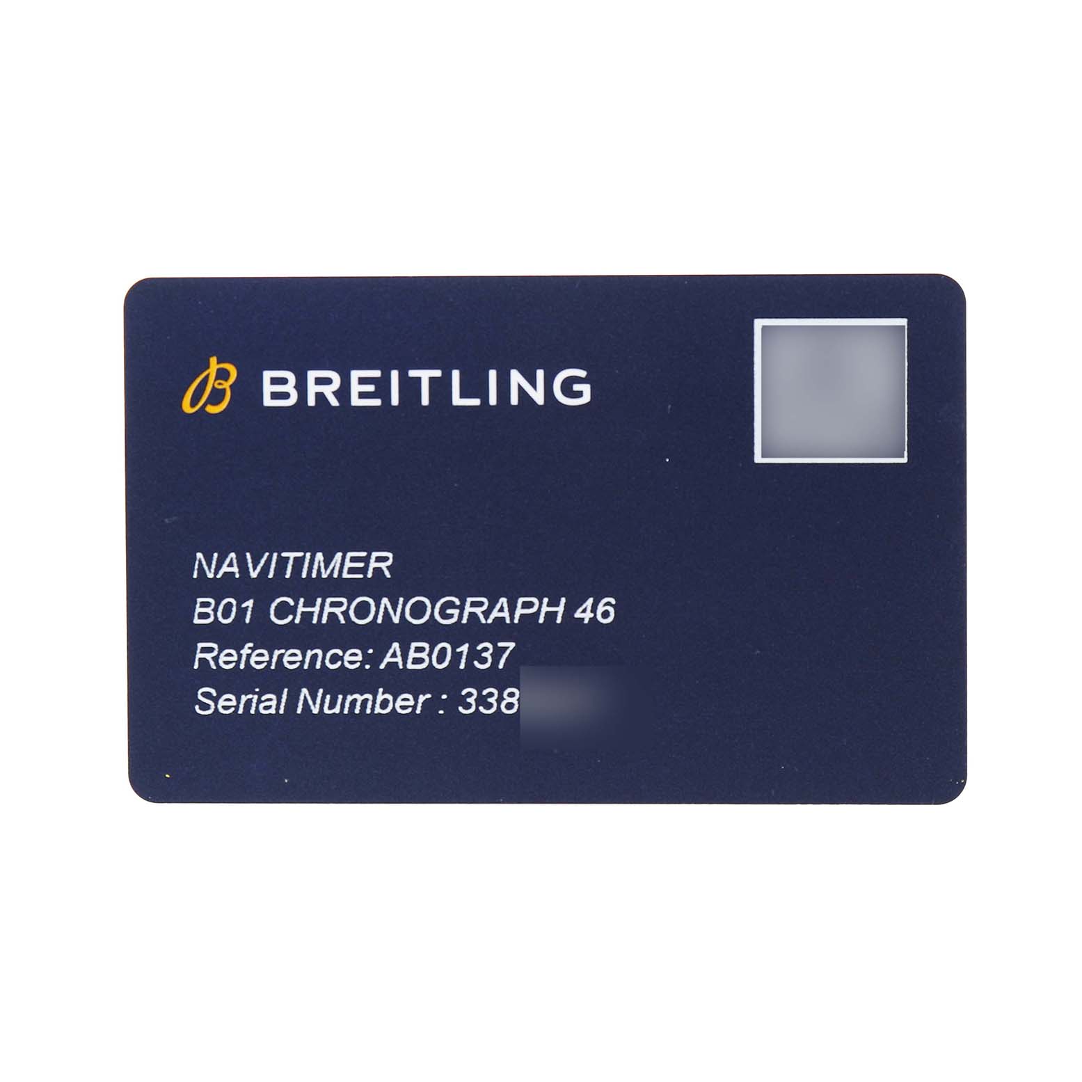 The image shows a Breitling Navitimer AB0137 Men's Stainless Steel Blue Dial model B01 Chronograph 46 warranty card.