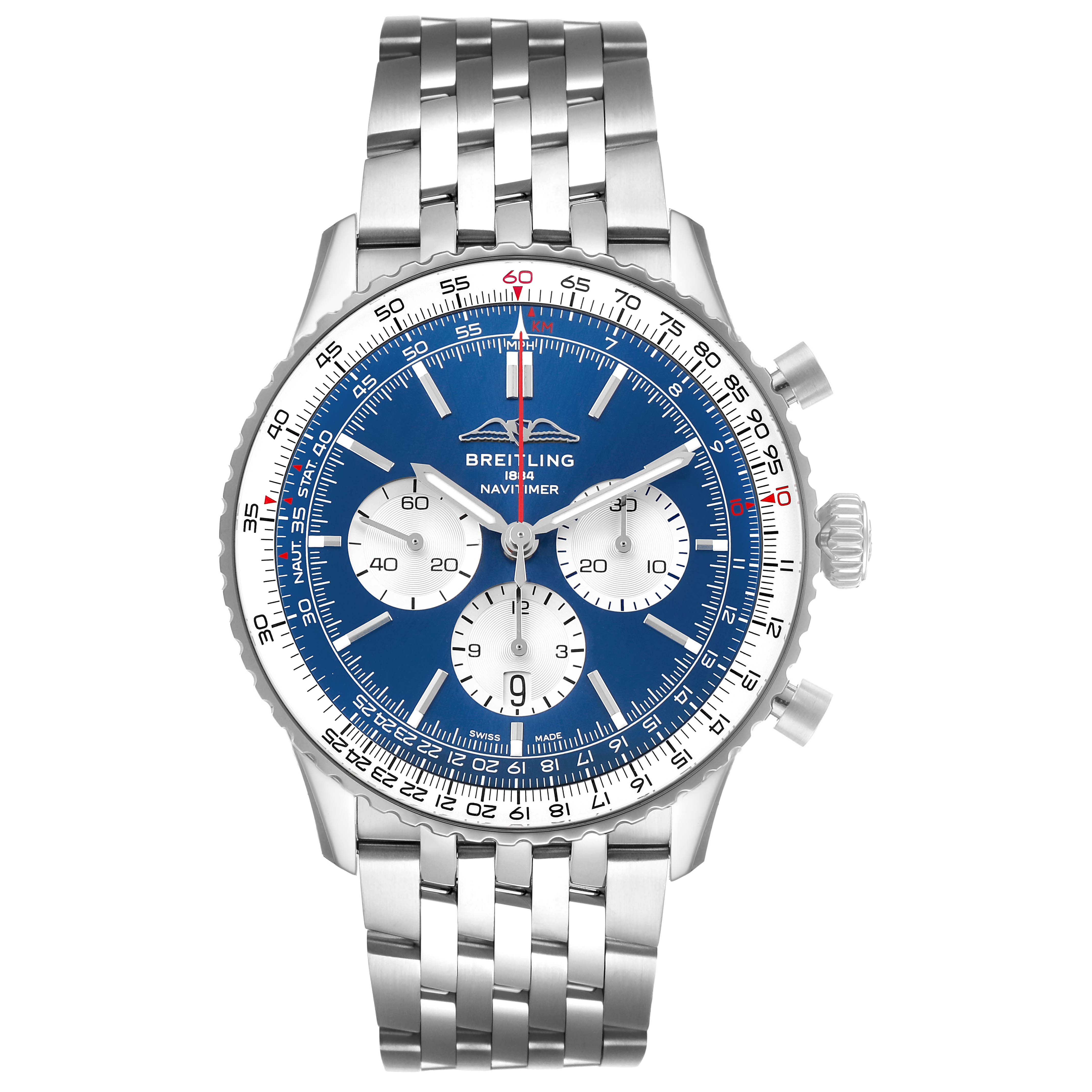 The Breitling Navitimer AB0137 Men's Stainless Steel Blue Dial watch is shown from the front, displaying its face, bezel, and bracelet.