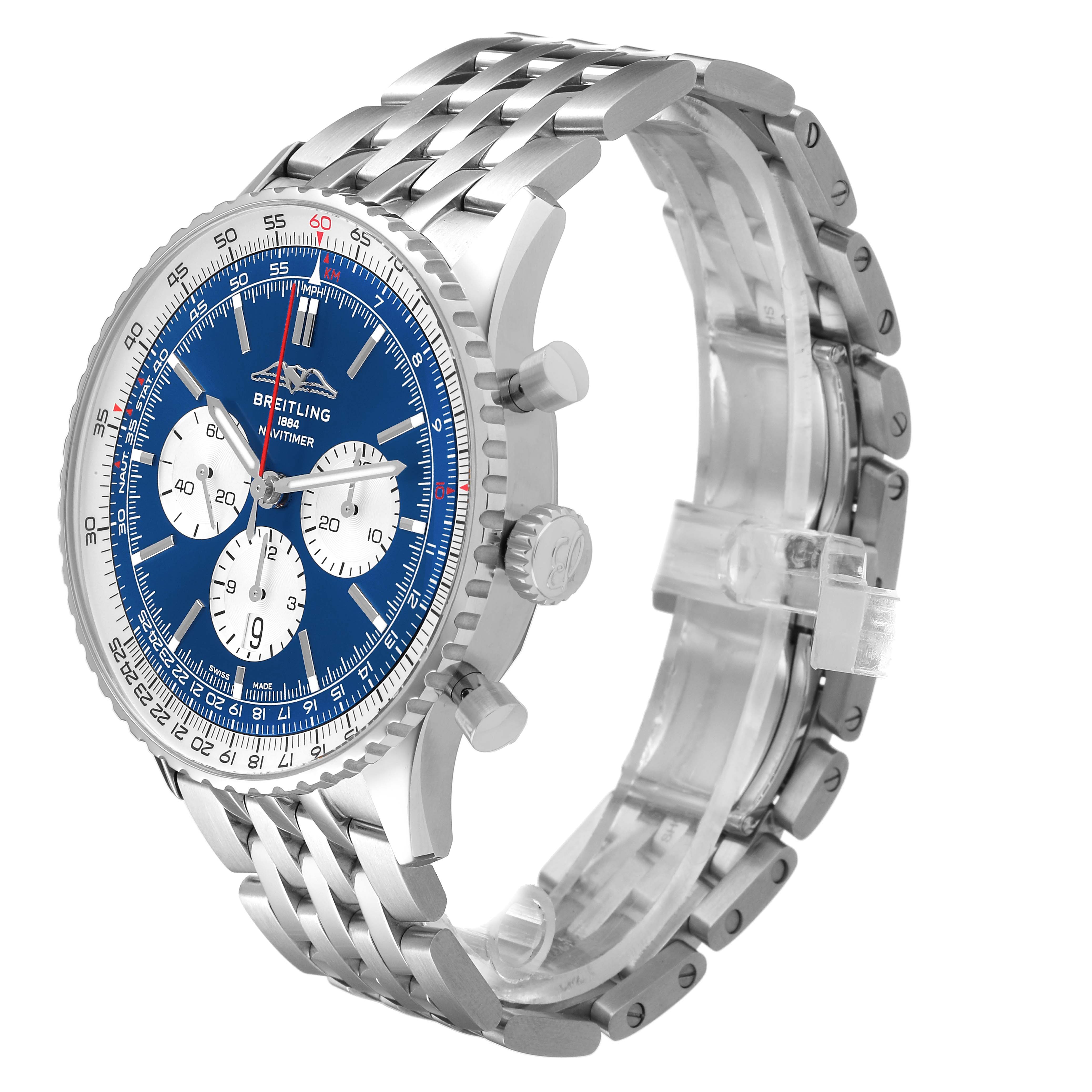 The Breitling Navitimer AB0137 Men's Stainless Steel Blue Dial is shown from a three-quarter angle highlighting the blue dial, chronograph subdials, bezel, crown, and bracelet.