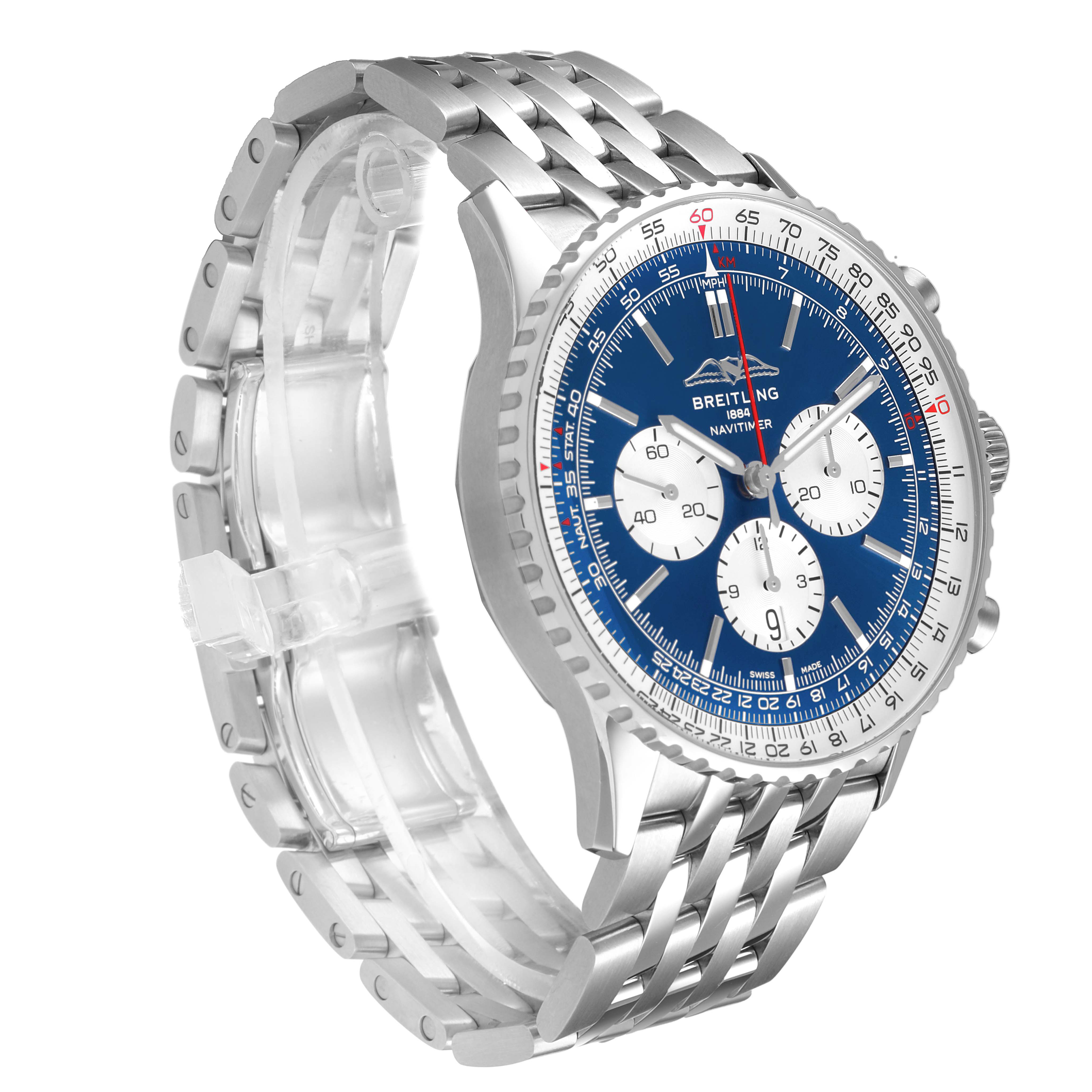 The Breitling Navitimer AB0137 Men's Stainless Steel Blue Dial watch is shown at an angle highlighting the face, bezel, chronograph dials, and metal bracelet.