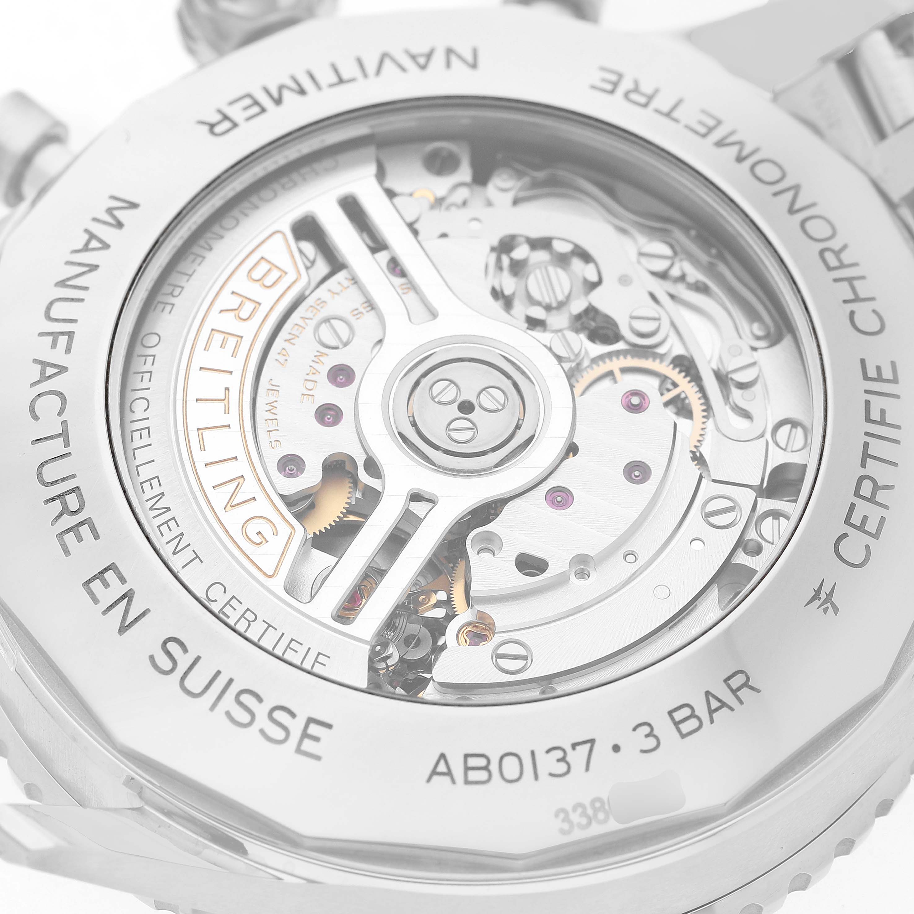 The image shows the back view of a Breitling Navitimer AB0137 Men's Stainless Steel Blue Dial, showcasing its intricate mechanical movement through the transparent case back.