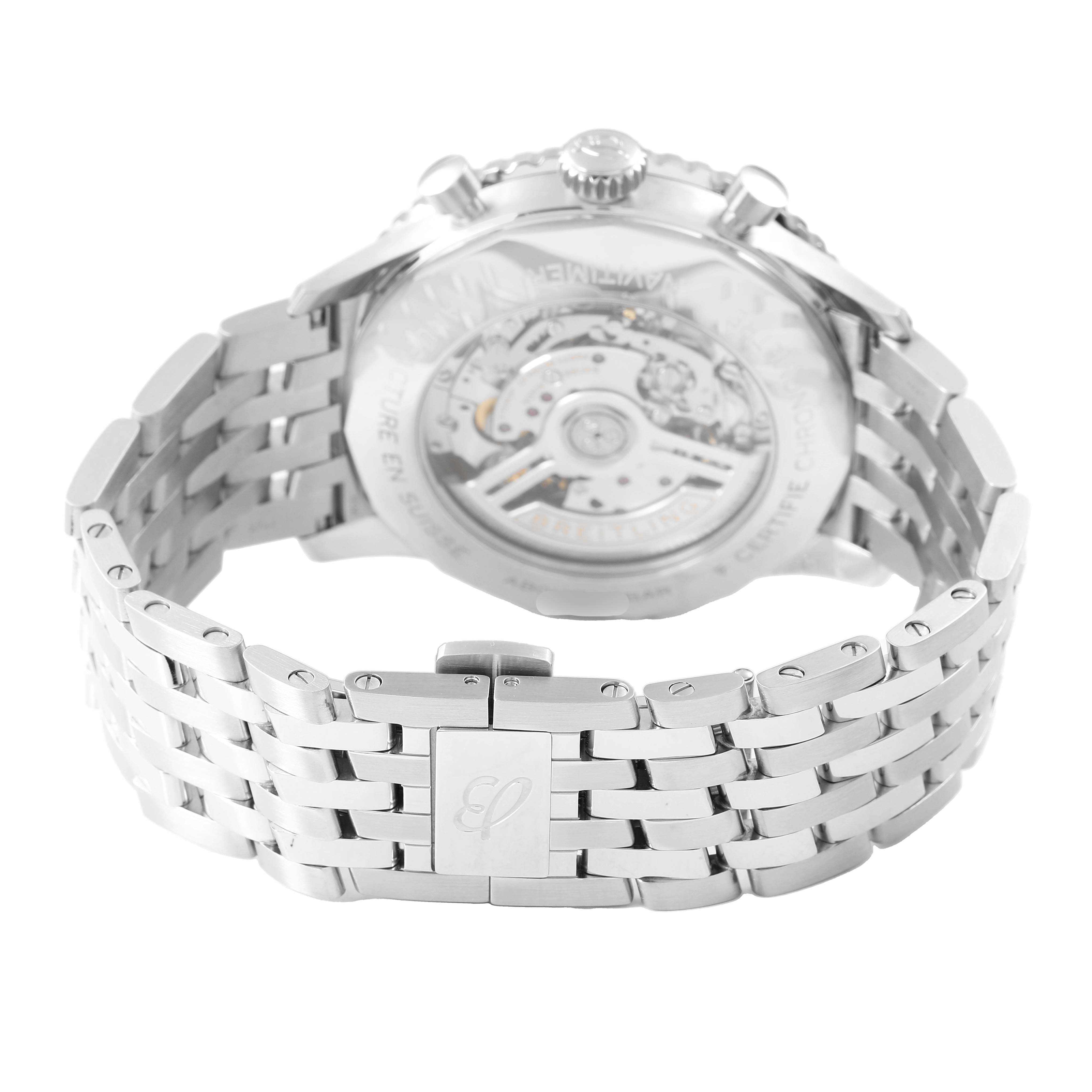 The Breitling Navitimer AB0137 Men's Stainless Steel Blue Dial watch is shown from the rear, displaying its stainless steel bracelet and transparent case back.