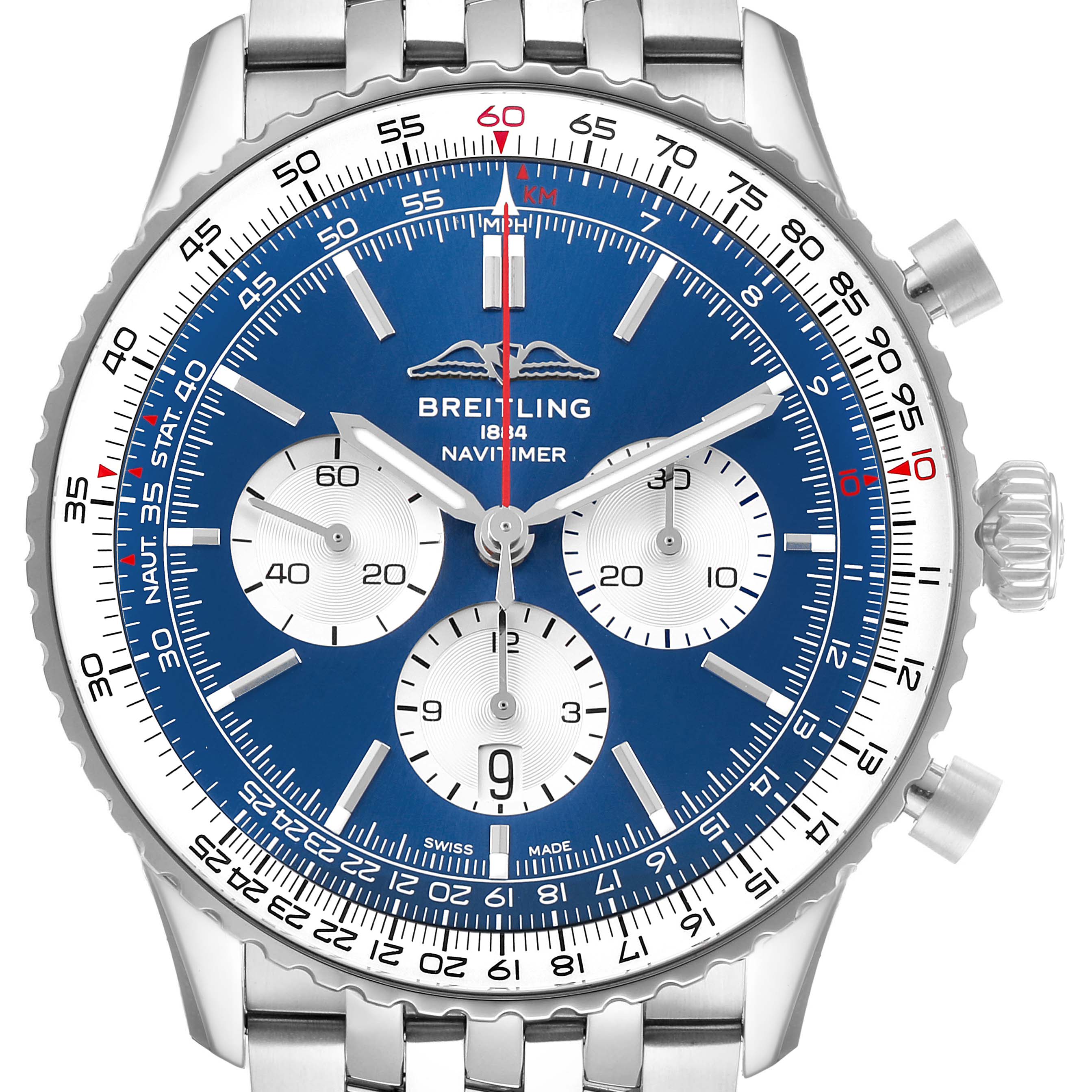 This image shows a front view of the Breitling Navitimer AB0137 Men's Stainless Steel Blue Dial, highlighting its blue dial, chronograph subdials, bezel, and metal bracelet.