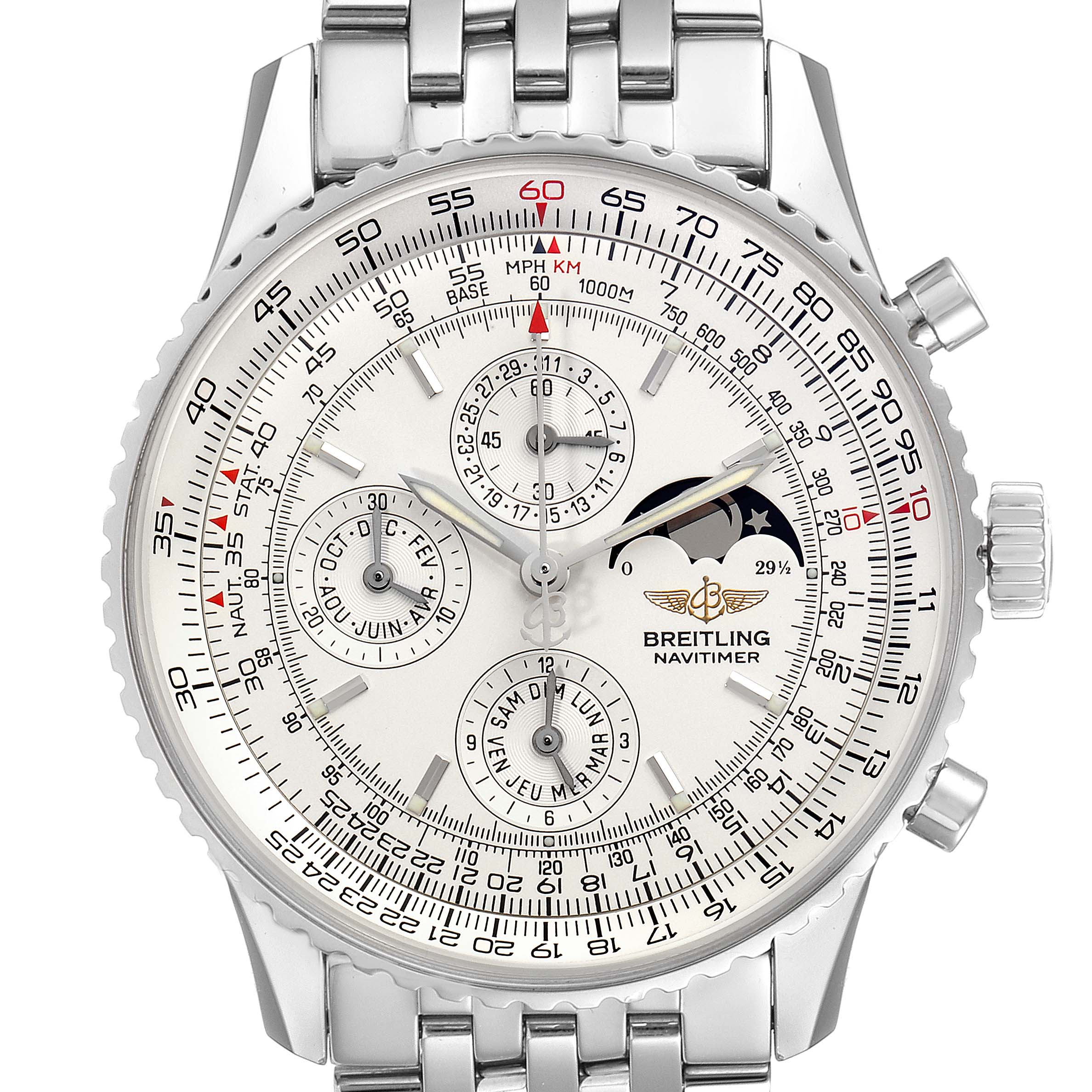 This is a front view of a Breitling Navitimer A19340 Men's Stainless Steel Silver Dial A19340 Men's Stainless Steel Silver Dial watch showing the dial, subdials, bezel, and bracelet.