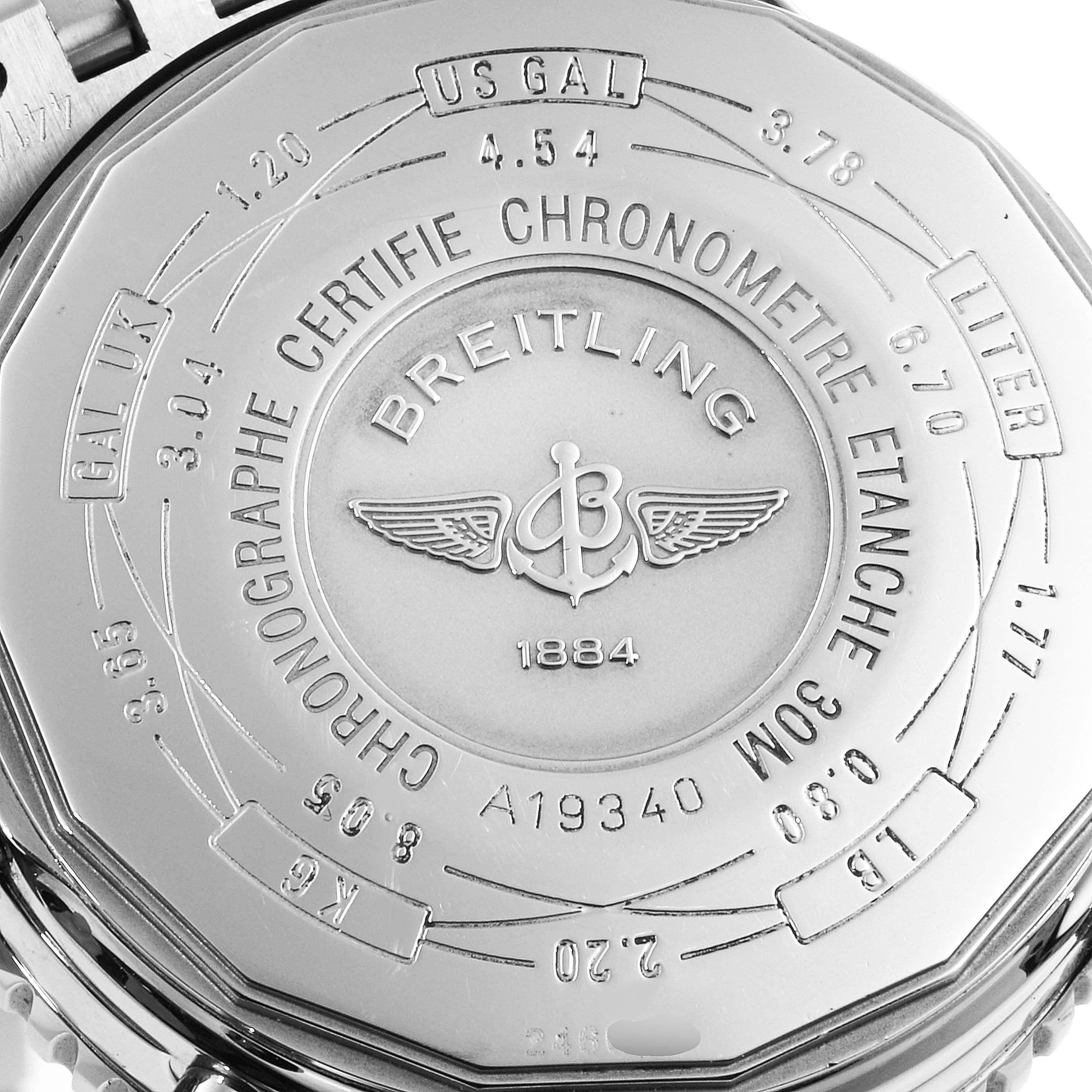 This image shows the case back of a Breitling Navitimer A19340 Men's Stainless Steel Silver Dial A19340 Men's Stainless Steel Silver Dial watch, highlighting the model number and various unit conversions.